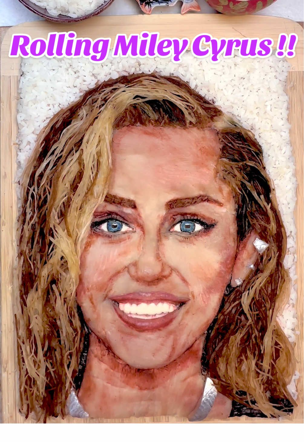 A portrait of Miley Cyrus made from Sushi ingredients!! I use Sushi grade Hamachi for her face, octopus for eyes and teeth, Japanese root veggies for hair,salmon skin for jewelry,and eel sauce,squid ink,Ube glaze and char sui for shading and Linework!! #mileycyrus #foodart #sushiart #popart #viral @Miley Cyrus @Billy Ray Cyrus @noah cyrus @Miley Cyrus Fan Page @Miley Cyrus Fan 