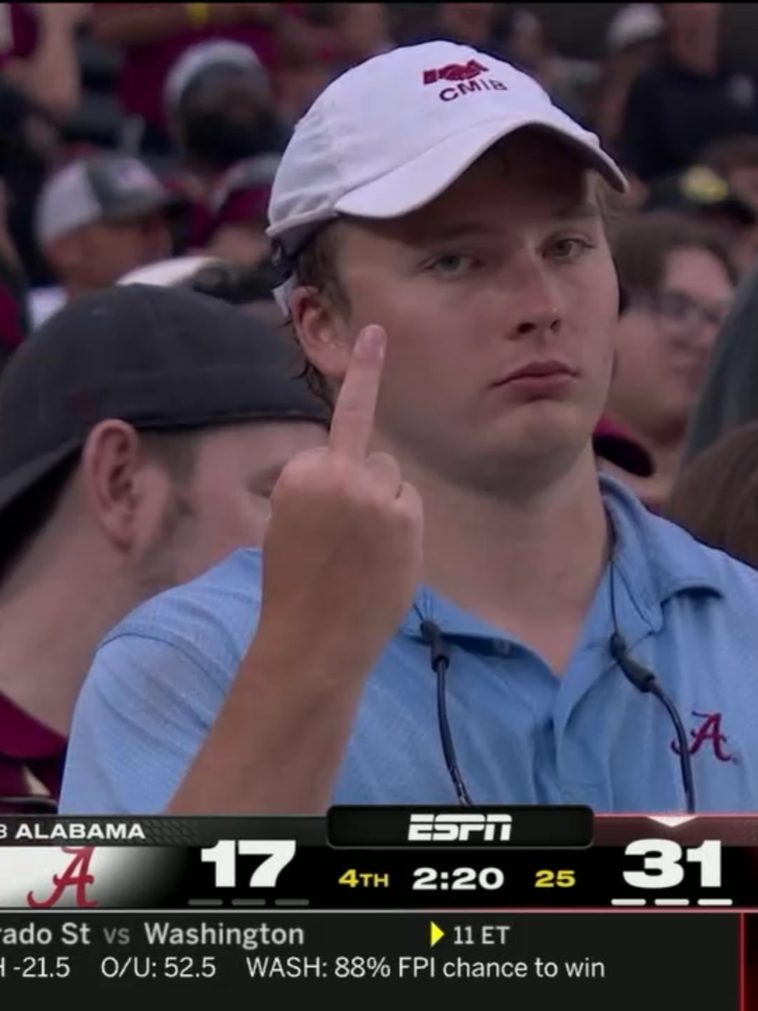 This Alabama fan hit the camera with a solid death stare/middle finger combo. #collegefootball #cfb #alabama #alabamacrimsontide #fsu #fsufootball #noles #floridastate #floridastateseminoles #sports #sec #secfootball #espn #abc
