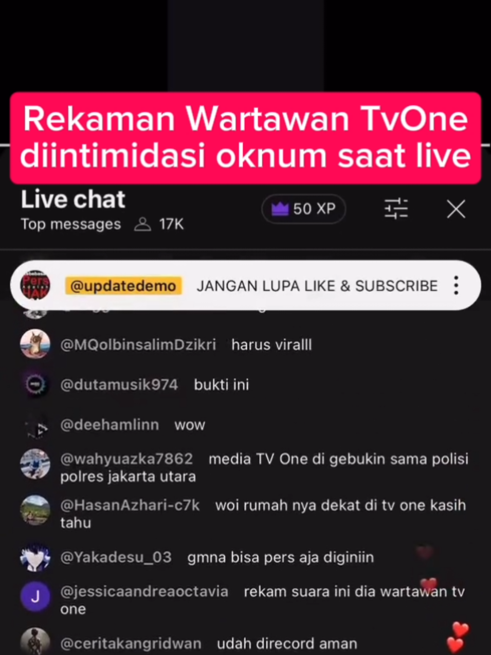 Jurnalis TVONE yg bernama Leo Chandra diintimidasi saat live masih menyala di HP nya, ntah apa yg dilakukan oknum tsb sehingga Leo terdengar terengah engah, padahal dia juga sudah menjelaskan dan membawa bukti surat terkait perizinan jurnalis. Saat ini infonya belum diketahui dimana keberadaan beliau.  Semoga dilindungi Allah #kebebasanpers #demokrasiindonesia🇮🇩 
