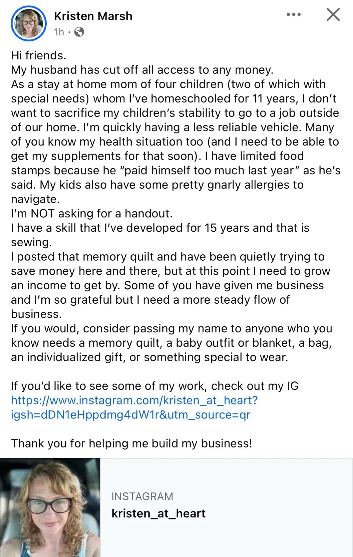 Please help our sister in christ and her children in any way you can. You can DM her yourself if youd like to help out or purchase any of her merch  thank you! https://www.instagram.com/kristen_at_heart?igsh=dDN1eHppdmg4dW1r&utm_source=qr https://www.facebook.com/share/1FhLvaFBsn/?mibextid=wwXIfr