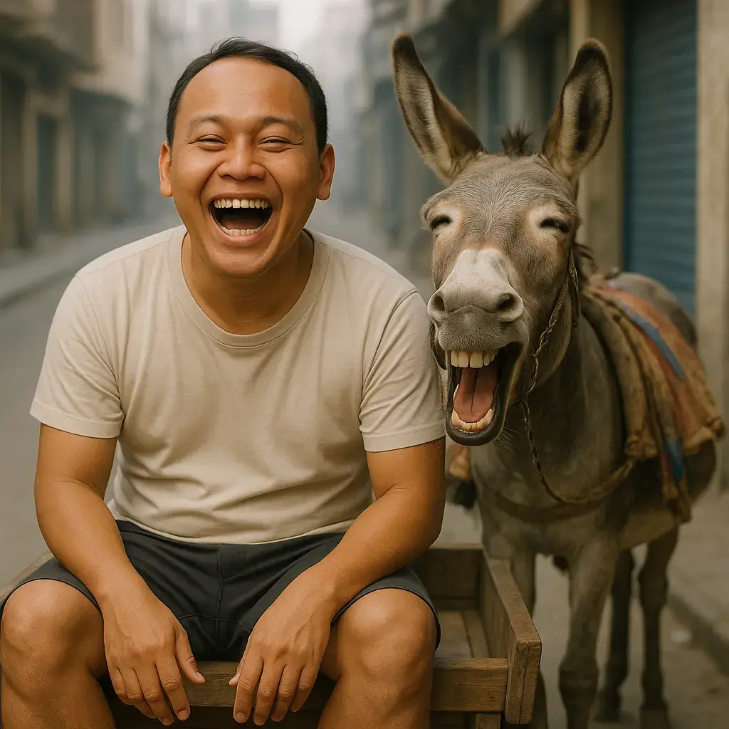 Cara membuat foto : 1. Buka ChatGPT 2. Masukkan foto WAJAH  3. Ketikkan prompt berikut : 4. Potret hiper-realistis seorang pria (pertahankan bentuk wajah (detailkan hingga aspek terkecil diwajah mereka), Bentuk tubuh dan gaya rambut dan jelaskan dalam prompt),  duduk di atas gerobak kayu sederhana di jalan perkotaan yang agak sempit. pria tersebut mengenakan kaos tipis berwarna terang dengan celana pendek gelap. Ekspresinya sangat ceria, tertawa terbahak-bahak dengan mulut terbuka lebar hingga giginya terlihat jelas, menampilkan keceriaan murni dan polos. Di sampingnya, seekor keledai berwarna abu-abu kecoklatan dengan moncong putih dan telinga tegak tinggi tampak ikut tertawa, mulutnya terbuka lebar seolah meniru ekspresi sang pria. Keledai memakai pelana sederhana berlapis kain warna-warni yang sudah agak lusuh, dengan rantai kecil di bagian mulutnya. Latar belakang menampilkan suasana jalan kota dengan bangunan bertingkat yang padat, pintu toko berwarna biru tua, serta suasana agak berkabut tipis yang memberikan kesan kedalaman visual. Pencahayaan alami siang hari, lembut dan merata, menerangi wajah pria serta keledai dari arah depan, menekankan detail ekspresi bahagia keduanya. Kamera mengambil sudut pandang sejajar mata (eye-level) dengan jarak dekat, fokus tajam pada pria dan keledai, sementara latar belakang agak blur (depth of field) untuk memberikan kesan sinematik. Rasio potret 1:1, gaya realistis dengan detail sangat halus pada kulit, rambut, bulu keledai, serta tekstur kain pelana. Suasana keseluruhan penuh keceriaan, jenaka, dan menghangatkan hati. 5. Bila wajah tidak terlalu mirip edit kembali dengan menggunakan FaceSwap 6. SELAMAT MENCOBA #promptai #promptchatgptbahasaindonesia #chatgpt #chatgptprompts #
