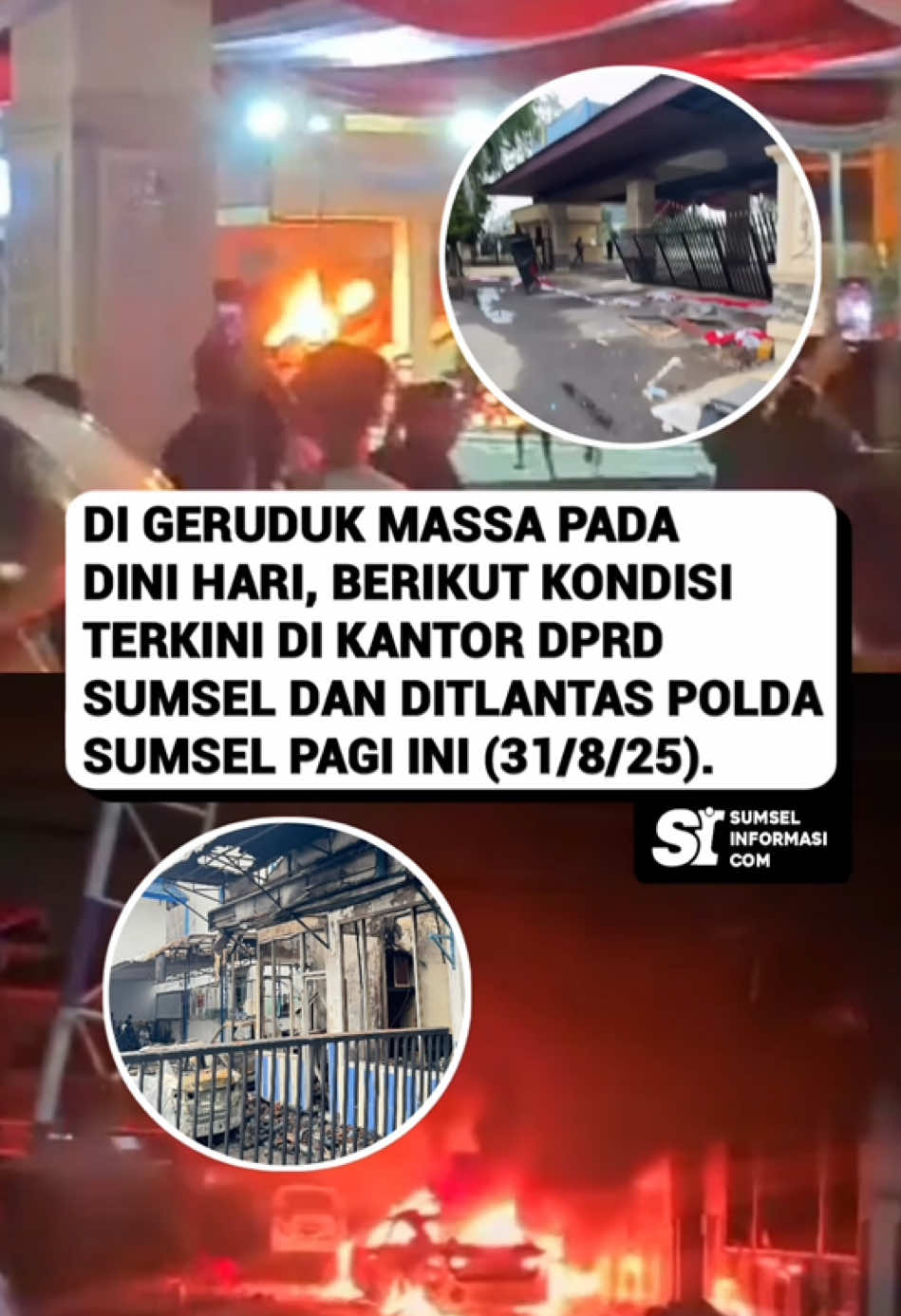 SITUASI DI GEDUNG DPRD SUMSEL & DITLANTAS POLDA SUMSEL PAGI INI, PASCA KEJADIAN DINI HARI TADI MALAM ‼️ Aksi anarkis terjadi di Kota Palembang pada Minggu (31/8/2025) dini hari. Sekelompok orang tak bertanggung jawab membakar pos polisi serta dua unit mobil patroli yang terparkir di Mako Ditlantas Polda Sumsel, Jalan POM IX. Tak hanya itu, mobil pelayanan SIM keliling dan beberapa kendaraan lain juga menjadi sasaran. Sebagian kaca kendaraan terlihat pecah akibat dirusak massa. Tidak jauh dari Mako Ditlantas Polda Sumsel, Bangunan Dprd Sumsel juga jadi amukan massa. Follow @sumselinformasicom , as a gateway for information, culture and tourism in South Sumatra ❤️👌🏻.  - #sumselinformasi #infosumsel #sumsel #palembang #dprdsumsel #ditlantaspoldasumsel #tiktokberita #fyp 