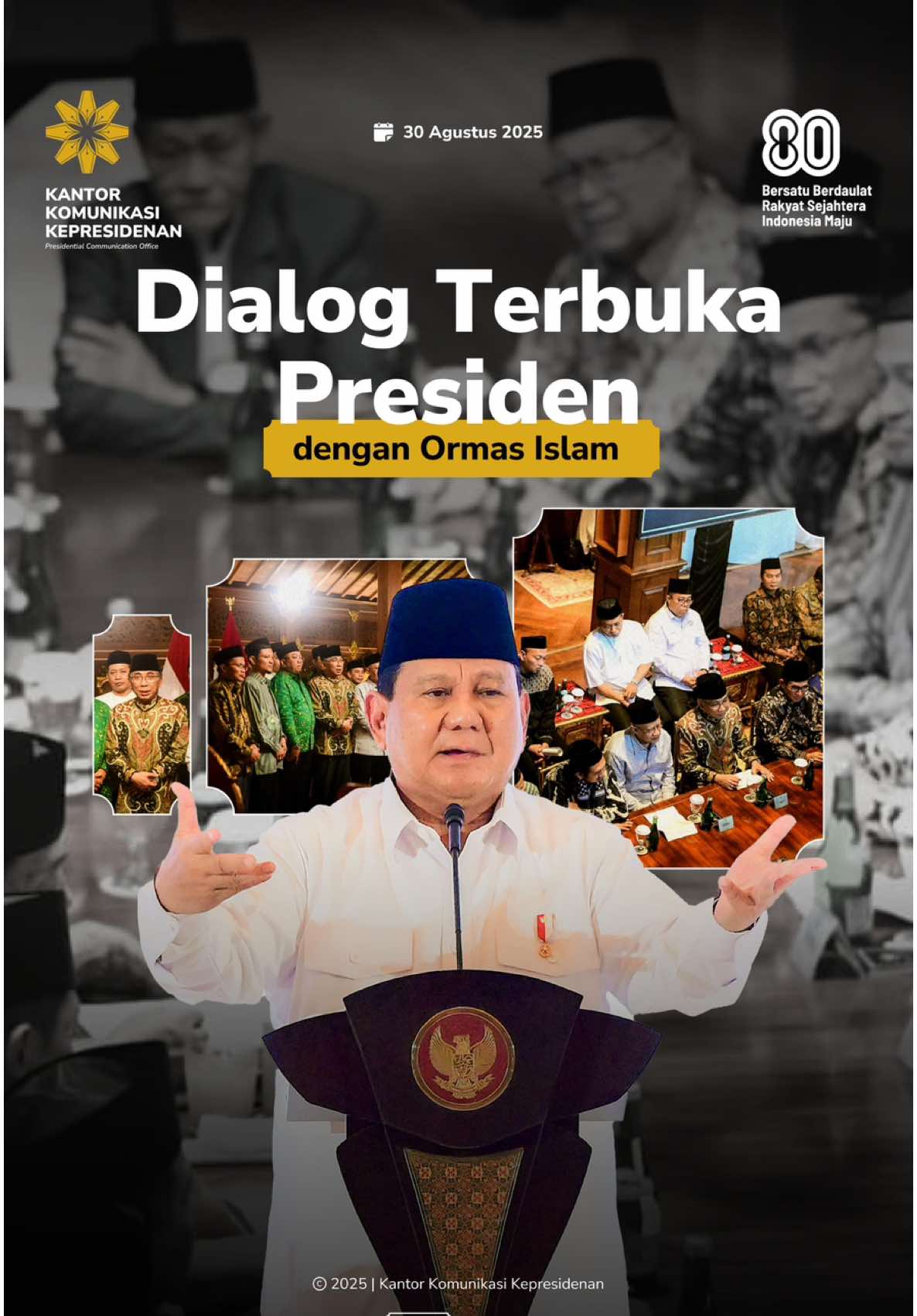 Presiden Prabowo Subianto menerima sejumlah organisasi masyarakat (ormas) Islam di Hambalang, Bogor, pada Sabtu (30/8). Pertemuan ini menjadi forum dialog terbuka antara Presiden dengan para pimpinan ormas islam untuk membahas persoalan bangsa secara menyeluruh. Dalam dialog tersebut, semua pihak sepakat untuk bahu-membahu menghadapi keadaan, mengajak masyarakat tetap tenang, serta menegaskan pentingnya menjaga keutuhan dan persatuan bangsa Indonesia. #KantorKomunikasiKepresidenan