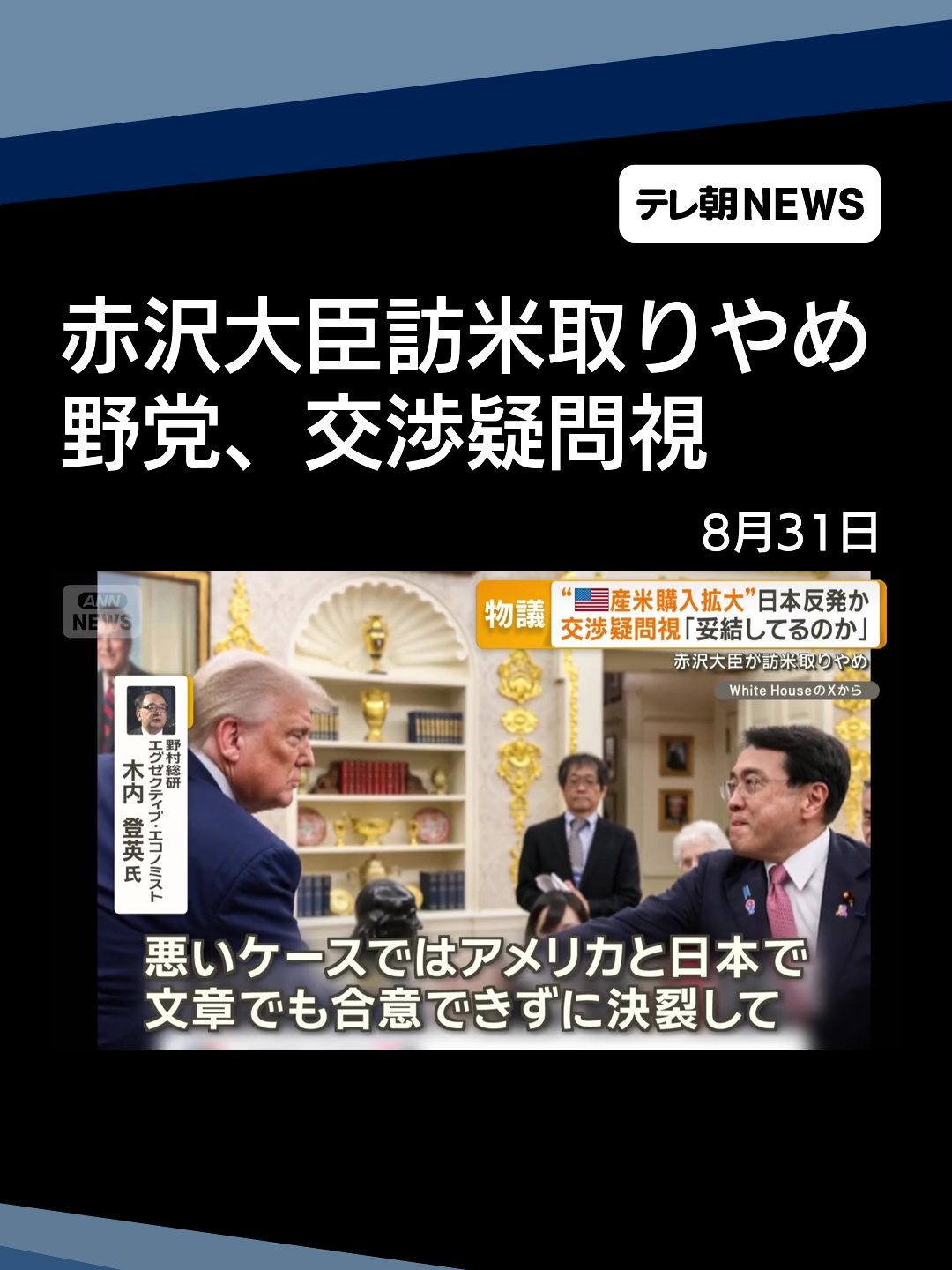 赤沢大臣訪米取りやめ“米国産米購入拡大”日本反発か　野党「交渉は妥結してるのか」 #テレ朝NEWS #tiktokでニュース