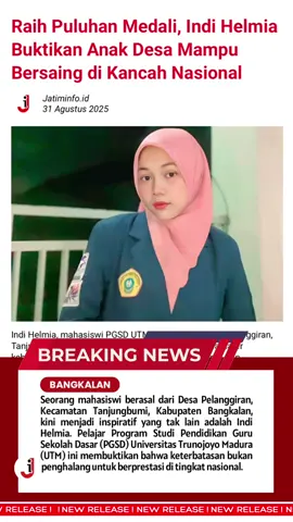 Raih Puluhan Medali, Indi Helmia Buktikan Anak Desa Mampu Bersaing di Kancah Nasional Bangkalan — Seorang mahasiswi berasal dari Desa Pelanggiran, Kecamatan Tanjungbumi, Kabupaten Bangkalan, kini menjadi inspiratif yang tak lain adalah Indi Helmia. Pelajar Program Studi Pendidikan Guru Sekolah Dasar (PGSD) Universitas Trunojoyo Madura (UTM) ini membuktikan bahwa keterbatasan bukan penghalang untuk berprestasi di tingkat nasional. Perempuan yang duduk di bangku kuliah itu sejak kecil tinggal bersama neneknya, Sariya. Ia tumbuh dalam lingkungan yang kurang diberikan dukungan moril, bahkan kerap diremehkan. Namun takdik berkata lain, justru menjadi bahan bakar semangat untuk membuktikan dirinya mampu bersaing di kancah nasional. Motivasi terbesar Indi Helmia datang dari ibunya. “Ibu saya mempertaruhkan nyawanya untuk melahirkan saya, sama seperti ibu-ibu lainnya. Kalau orang lain bisa membanggakan orang tuanya, mengapa saya tidak,” ungkap Indi bersemangat. Semangat belajar Indi tidak hanya di bangku kuliah, bahkan sejak SD, SMP, SAM terus mengasah pengetahuannya. Sehingga, masa kuliah Indi bertekad bersaing di ajang kompetisi nasional, ia berhasil menyabet lebih dari 10 medali yang didominasi ajang Olimpiade Sains dan Humaniora tingkat nasional. Berikut deretan prestasi yang telah ditorehkan Indi Helmia: 1. Medali Perunggu Biologi – OOSN 2. Medali Perunggu Matematika – OOSN 3. Medali Perunggu Geografi – OOSN 4. Medali Perak Sosiologi – Prominensa 5. Medali Perunggu Ekonomi – FSBN 6. Medali Perunggu Sosiologi – FSBN 7. Medali Perunggu Matematika – FSBB 8. Medali Perunggu Kimia – OHKN 9. Medali Perunggu Biologi – OHKN 10. Medali Perunggu Bahasa Indonesia – OHKN 11. Medali Perunggu Geografi – OSAN 12. Medali Perunggu Bahasa Indonesia – OSAN 13. Juara 3 Video Orasi – Scout Day Competition 14. Juara 2 Business Plan – Universitas Islam Malang (UNISMA). Meski demikian, Indi berpesan kepada generasi muda agar tidak pqtah semangat meski berasal dari latar belakang yang sederhana dan pedesaan. “Tidak perlu malu berasal dari desa atau dari keluarga sederhana. Yang penting, semangat belajar dan tekad untuk maju harus terus ditingkatkan,” pesannya. Kisah Indi Helmia, menjadi bukti bahwa keterbatasan bukan penghalang, tetapi justru bisa menjadi pemicu untuk meraih pencapaian luar biasa. Kampus Universitas Trunojoyo Madura pun patut berbangga memiliki mahasiswa seperti Indi, yang mampu mengangkat nama kampus dan daerahnya di kancah nasional. #jatiminfo_id #mahasiswa #universitastrunojoyomadura #viral #fyppppppppppppppppppppppp 