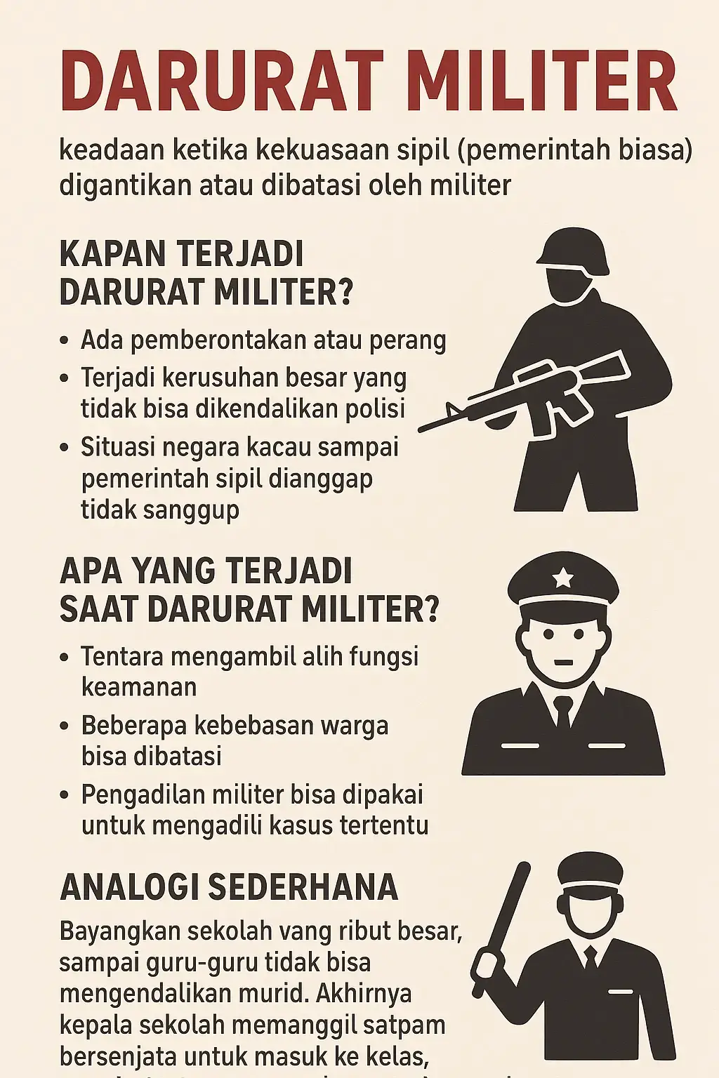Apa itu Darurat Militer? Darurat militer adalah keadaan ketika kekuasaan sipil (pemerintah biasa) digantikan atau dibatasi oleh militer karena situasi dianggap sangat gawat. Tujuannya: menjaga ketertiban dan keamanan ketika hukum biasa tidak mampu lagi bekerja. Kapan Terjadi Darurat Militer? Biasanya saat: Ada pemberontakan atau perang. Terjadi kerusuhan besar yang tidak bisa dikendalikan polisi. Situasi negara kacau sampai pemerintah sipil dianggap tidak sanggup. Apa yang Terjadi Saat Darurat Militer? Tentara mengambil alih fungsi keamanan. Beberapa kebebasan warga bisa dibatasi (misalnya jam malam, larangan berkumpul). Pengadilan militer bisa dipakai untuk mengadili kasus tertentu. Semua demi alasan “menjaga ketertiban,” meskipun dampaknya bisa membuat rakyat kehilangan sebagian kebebasannya. Bayangkan sekolah yang ribut besar, sampai guru-guru tidak bisa mengendalikan murid. Akhirnya kepala sekolah memanggil satpam bersenjata untuk masuk ke kelas, memberi aturan keras, dan menghukum langsung di tempat. Itu seperti darurat militer: ketika keadaan darurat membuat aturan biasa digantikan aturan militer. Darurat militer adalah kondisi darurat ketika tentara mengambil alih kekuasaan untuk menjaga ketertiban karena pemerintah sipil dianggap tidak mampu.  #darurat #militer #kerusuhan