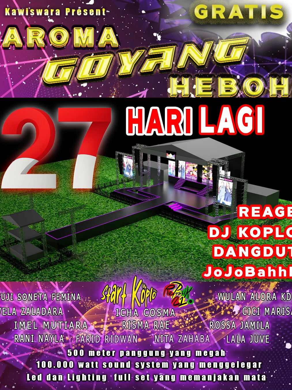YOOO... siang kita GOYANG HEBOH REAGE... AHAYYYY... malam kita GOYANG HEBOH DANGDUTAN... Yuk, jangan sampe terlewatkan pesta rakyat GRATIS 27-28 september 2025 di Gunung Sindur. KAWISWARA - GAK BAHAYA TAHHH... #reage #koplo #dangdutan #goyangheboh💃 #music #vypシ  @fujinabila01 @wulanalorakdi @velazaladaraa @ichacosma @imelmutiaraa_ @rizmaarae @rossajameela @sayaranay @farid.mc3 @nita_kawiswara @lala_jupeee  @republikduasatu@startkoplo.official@startkoplojabodetabek @trackproduction @saduprabu @workshop27_production