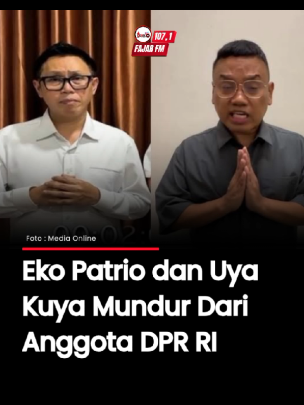 Dua anggota DPR RI dari Fraksi Partai Amanat Nasional (PAN), Eko Hendro Purnomo atau Eko Patrio, dan Surya Utama atau Uya Kuya, resmi mengundurkan diri sebagai anggota dewan. Keputusan itu diumumkan DPP PAN di Jakarta, Minggu (31/8/2025), sebagai langkah meredam situasi yang kian memanas di tengah masyarakat. Sehari sebelumnya, Eko Patrio telah menyampaikan permintaan maaf melalui akun Instagram pribadinya. Dalam video tersebut, ia didampingi oleh sesama anggota DPR dari PAN, Sigit Purnomo atau Pasha Ungu. 
