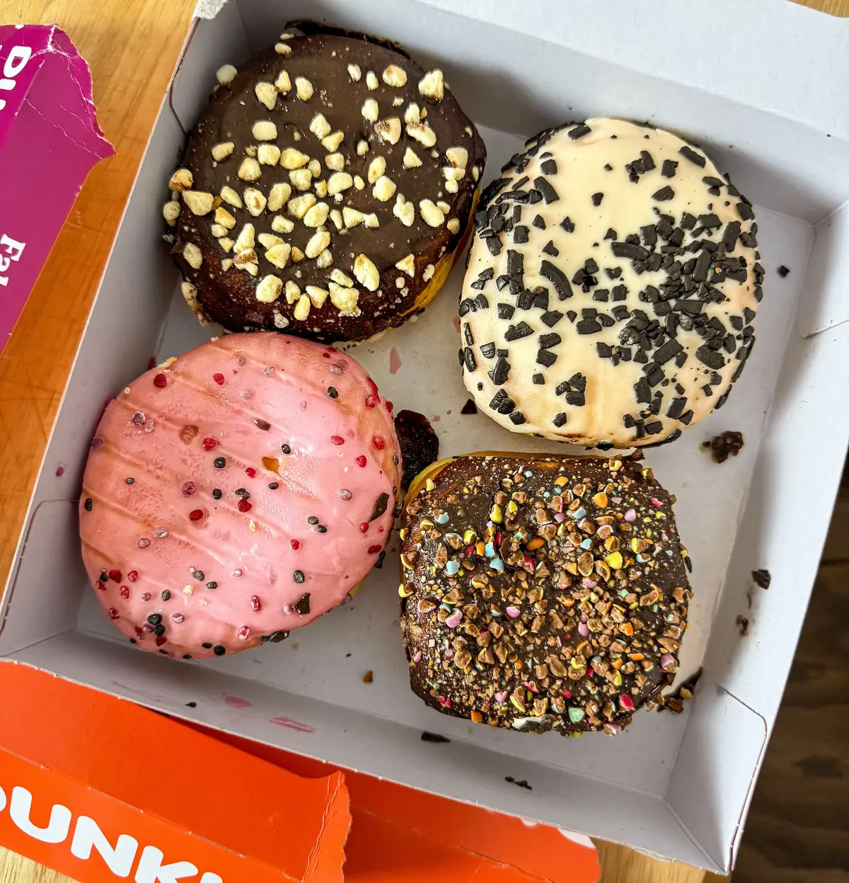 The fabulous four… my favourite was the Hazlenut Cookie Crumble, what is yours? #donuts #dunkindonuts #Foodie #FoodTok #fyp 
