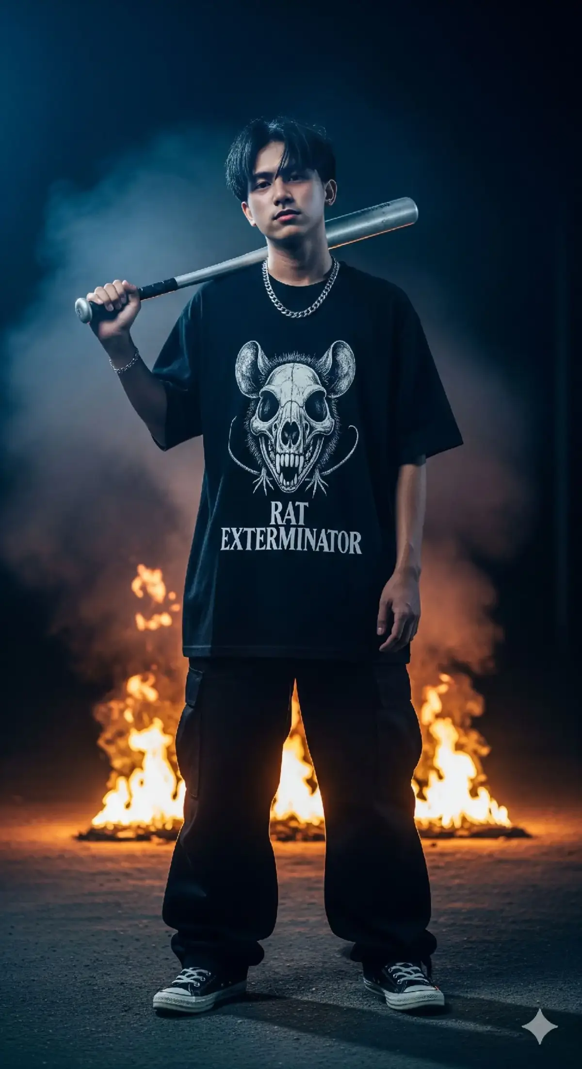 Prompt : A rebellious young man with messy hair, wearing an oversized black t-shirt with a skull and bold lettering, black cargo pants, and sneakers. He holds a silver baseball bat in one hand and wears a thick chain necklace. The dark, smoky background with flames burning behind him creates an intense urban street scene. The style is cinematic, gritty, with dramatic lighting, full-body shots, high detail, and realistic. #chaos #night #fy #fyppppppppppppppppppppppp #ai 