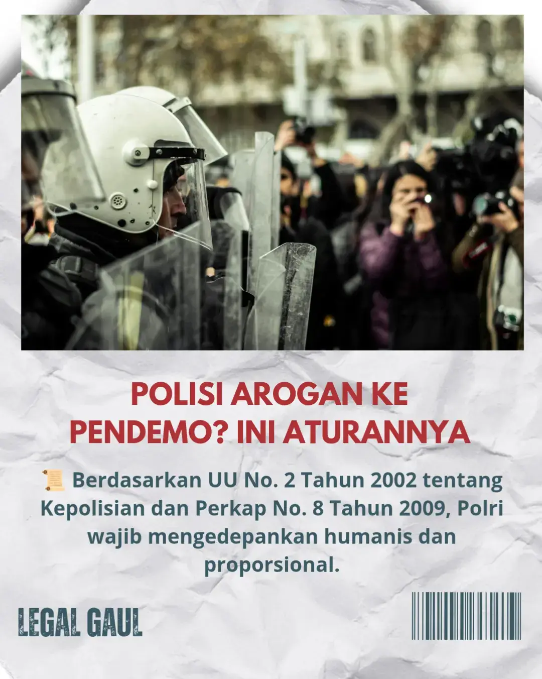 📢 Polisi Arogan ke Pendemo? Ini Aturannya! Di Indonesia, aksi demo adalah hak konstitusional setiap warga negara. Hak ini diatur dalam UU No. 9 Tahun 1998 tentang Kemerdekaan Menyampaikan Pendapat di Muka Umum. Namun, sering kali kita melihat polisi bertindak arogan: memukul, membentak, bahkan menembak gas air mata tanpa prosedur. Apakah itu legal? Jawabannya: TIDAK! 👉 Polisi wajib humanis dan proporsional. Ini ditegaskan dalam Perkap No. 8 Tahun 2009 tentang Implementasi Prinsip dan Standar HAM dalam Tugas Kepolisian. Polisi dilarang menggunakan kekerasan, kecuali sesuai prosedur dan bertingkat. ✅ Jika polisi melanggar? Bisa dijerat Pasal 351 KUHP (Penganiayaan) Bisa dijerat Pasal 421 KUHP (Penyalahgunaan Wewenang) Bisa dilaporkan ke Propam Polri 📌 Ingat: Pendemo juga wajib tertib, tapi polisi tetap harus menjaga HAM. ❓ Pernah lihat polisi arogan saat demo? Komentar di bawah! Jangan lupa bagikan biar semua orang tahu haknya. follow legal gaul agar mendapatkan ilmu daging sscara GRATIS #polisi #polisiviral #fyp #demohariini #dpr