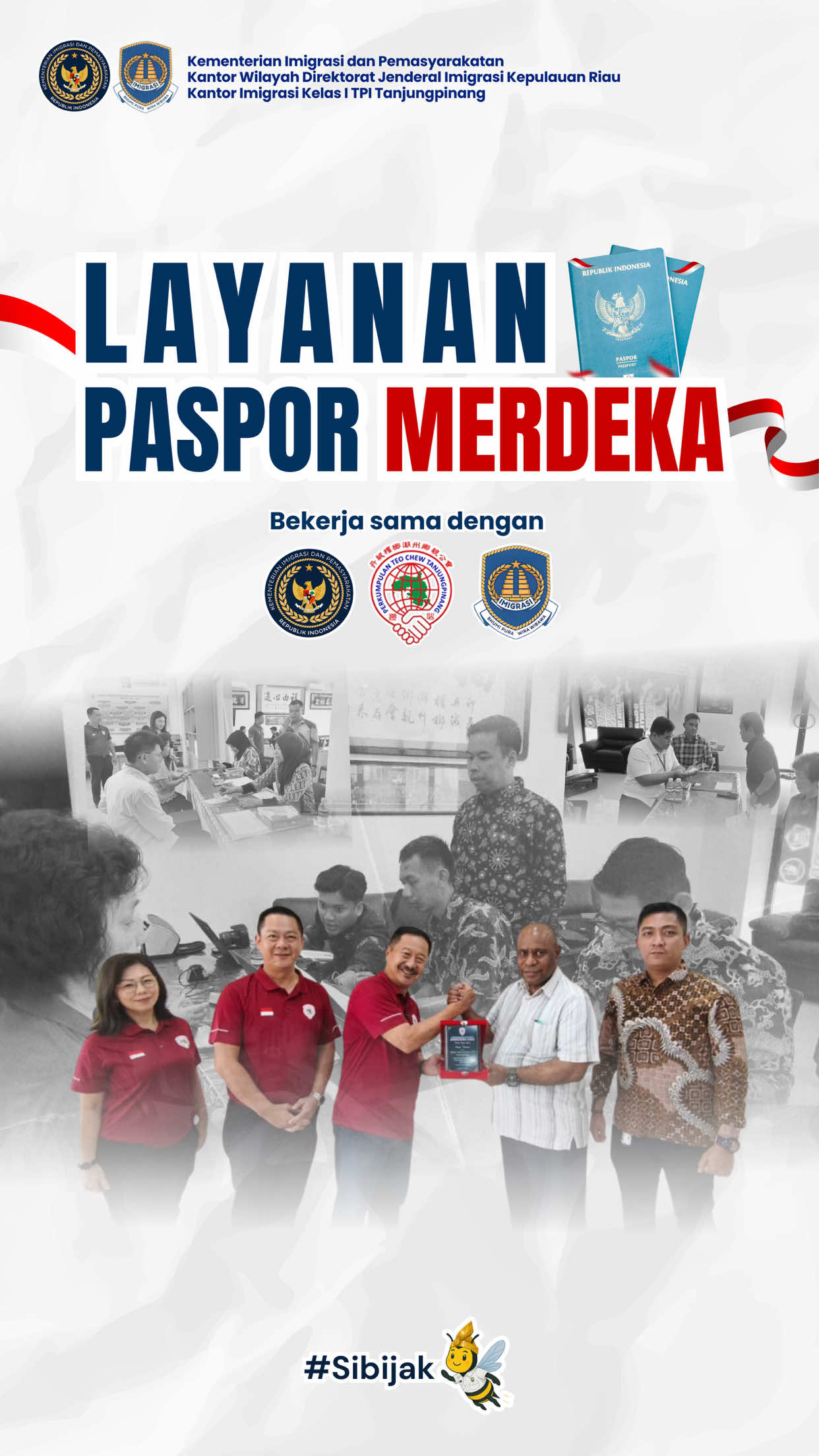 🇮🇩✨ LAYANAN PASPOR MERDEKA ✨🇮🇩 Halo Sahabat SiBijak! Dalam semangat kemerdekaan Republik Indonesia ke-80, Kantor Imigrasi Kelas I TPI Tanjungpinang menghadirkan Layanan Paspor Merdeka 🎉 Kolaborasi bersama Perkumpulan Teo Chew Tanjungpinang ini bertujuan untuk memudahkan masyarakat dalam mengurus paspor dengan pelayanan yang cepat, mudah, dan transparan. 📌 Dengan adanya layanan ini, masyarakat dapat menikmati kemudahan akses, pelayanan prima, serta semangat kebersamaan dalam merayakan kemerdekaan. Mari manfaatkan layanan ini dan wujudkan perjalanan yang lebih mudah bersama Imigrasi Tanjungpinang 🚤✈️ #Kemenimipas #DitjenImigrasi #ImigrasiIndonesia #ImigrasiTanjungpinang @Direktorat Jenderal Imigrasi  @Kemenimipas RI  @Kanwil Ditjenim Kepri 