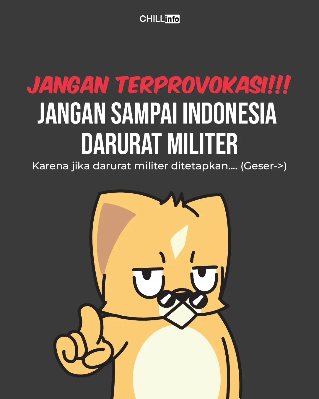 Kalau sampai terjadi, kebebasan kita bisa hilang, demokrasi runtuh, ekonomi lumpuh, bahkan harta rakyat bisa dirampas atas nama keamanan. Tetap waspada, jangan gampang terpancing isu. - Verifikasi informasi - Kendalikan emosi - Jaga solidaritas - Isolasi provokator Karena masa depan bangsa ada di tangan kita, bukan di tangan yang ingin mengadu domba #sipiljagasipil #wargajagawarga #stop #provokasi 