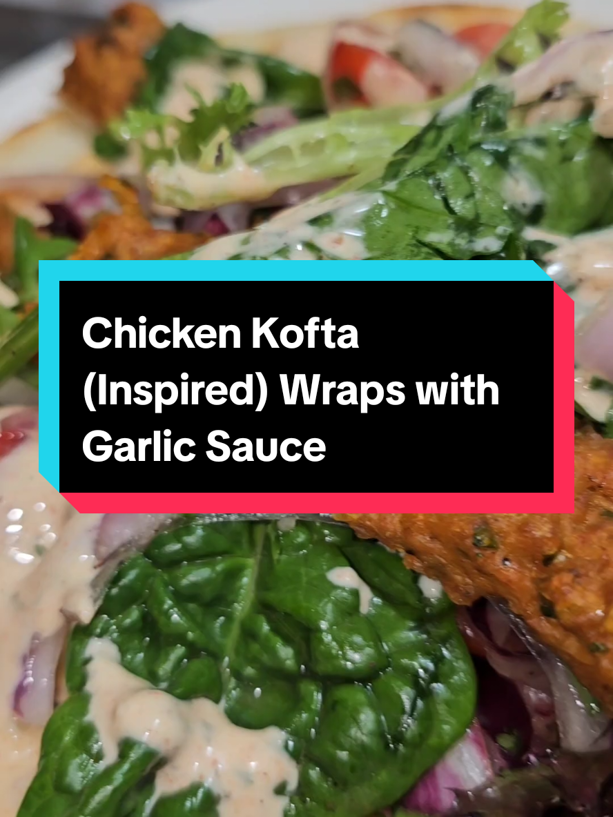 Chicken Kofta Wraps with Garlic Sauce #Creamy #chefQ #chicken ##cookingwithQ #salad  Roasted Garlic: • Chop the top off a garlic bulb. • Drizzle with olive oil, salt, and pepper. • Wrap in foil and roast in the oven. Chicken Kofta: • Mix ground chicken with cilantro, parsley, paprika, chili powder, turmeric, salt, pepper, Smokehouse Maple seasoning, minced garlic, grated onion, and a spoon of tomato paste. • Drizzle olive oil on parchment paper. Flatten chicken mixture and cut into strips. • Drizzle with olive oil and bake in the oven along with the garlic. Salad: • Use any lettuce of your choice. • Add thinly sliced red onion, halved cherry tomatoes, parsley, and minced garlic. • Season with salt, pepper, Smokehouse Maple seasoning, and a squeeze of lemon juice. Garlic Sauce: • Mix mayo, Greek yogurt, parsley, salt, pepper, paprika, chili powder, Smokehouse Maple seasoning, lemon juice, and roasted garlic. Assemble Wraps: • Lightly toast flour tortillas. • Spread sauce on tortilla. • Add chicken kofta, salad, and extra sauce. • Wrap and enjoy!