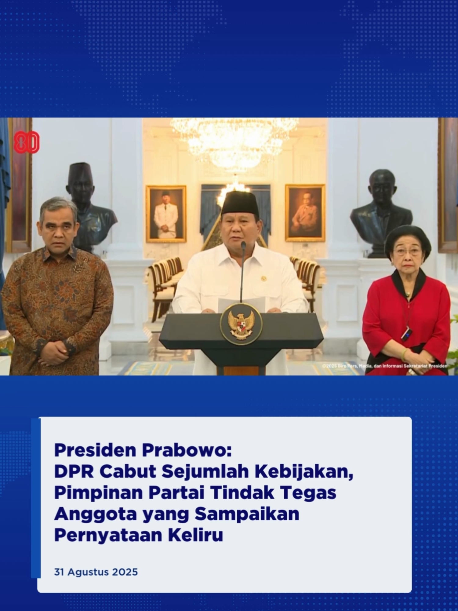 DPR RI akan melakukan pencabutan beberapa kebijakan DPR: termasuk besaran tunjangan anggota DPR dan moratorium kunjungan kerja ke luar negeri. Selain itu, ketua umum partai politik menindak tegas masing-masing anggota DPR yang mungkin telah menyampaikan pernyataan-pernyataan keliru, dengan mencabut keanggotaannya di DPR RI. #TVRI #TVRIJawaBarat #MediaPemersatuBangsa