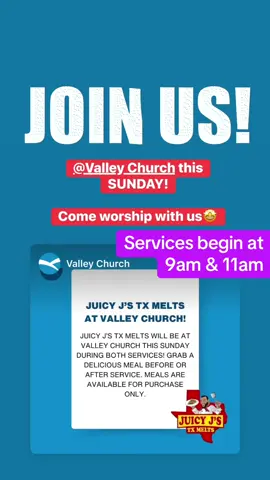 TODAY is the day! Come worship with us and grab lunch shortly after. Services start at 9am and 11am! Rain or Shine we’ll be serving up delicious eats😋✝️⛪️🙌🙏💕 #happysundayy #tcogv #juicyjstxmelts #letseat