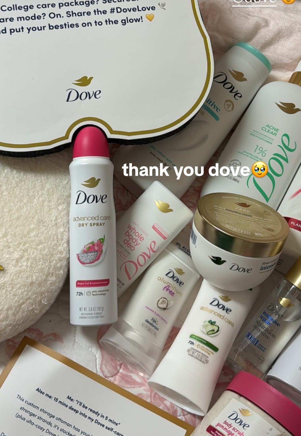 hard work is paying off!! such a lovely surprise! thank you so much @Dove Beauty & Personal Care 🥹🕊️📦 #dove #dovelove #carepackage #college 