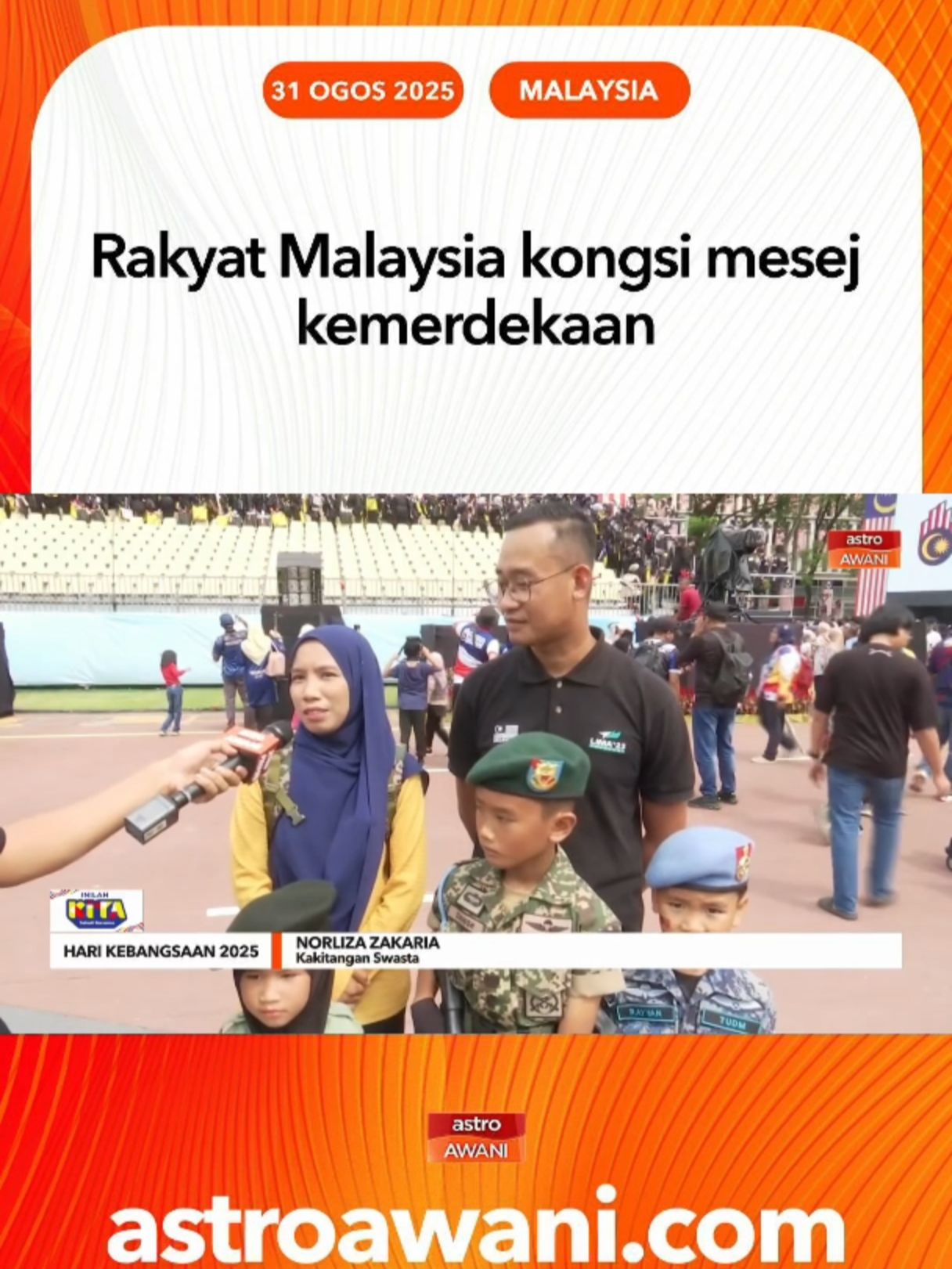 Rakyat Malaysia yang menyambut Hari Kebangsaan ke-68 menyampaikan mesej mengenai erti kemerdekaan, perpaduan dan keterujaan melihat sambutan yang diadakan di Dataran Putrajaya pada awal hari ini. #AWANInews