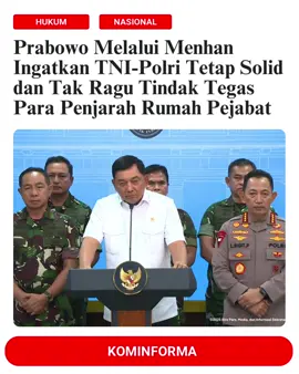Menyikapi banyaknya kerusuhan dalam aksi yang terjadi belakangan ini, Prabowo melalui Mentri Pertahanan, meminta TNI dan Polri untuk tetap solid menjaga stabilitas dan kondusifitas negara. Ia juga meminta TNI dan Polri untuk menindak Tegas para pelaku kerusuhan dan penjarahan. (sumber video: YT Sekretariat Presiden) #demo #prabowo #TNI #polripresisi #fyp 