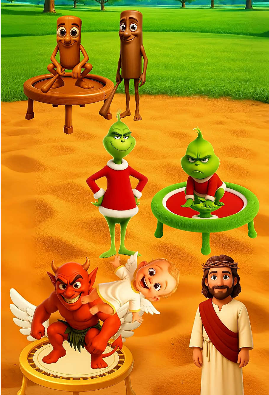 Jesús, Angelito, Tung Tung Sahur y El Grinch Buscan un Trampolín #jesus #biblequiz 