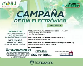 #AtenciónVecinos 🟢Lurigancho Chosica | Campaña Gratuita de DNI Electrónico en #Carapongo 🪪 la Subgerencia de Inclusión Social realizará una campaña de documentación gratuita dirigida a niños, adolescentes y adultos mayores, con el objetivo de facilitar el acceso a su Documento Nacional de Identidad (DNI). 🗓Fecha: Martes, 02 de Setiembre 2025 ⏰ Horario: 9:30 a.m. a 1:00 p.m. 📍Lugar: Carapongo Agencia Municipal Av. 24 Septiembre Mz H Lote 16 - Campo Sol de Carapongo (al Costado de La Base de Serenazgo)  ¡Una comunidad con identidad es una comunidad con derechos! SE LES PIDE AVISAR A TODOS SUS VECINOS, AMIGOS Y SOCIOS.  #campañadnigratuito #DerechoALaIdentidad #ChosicaIncluye ́