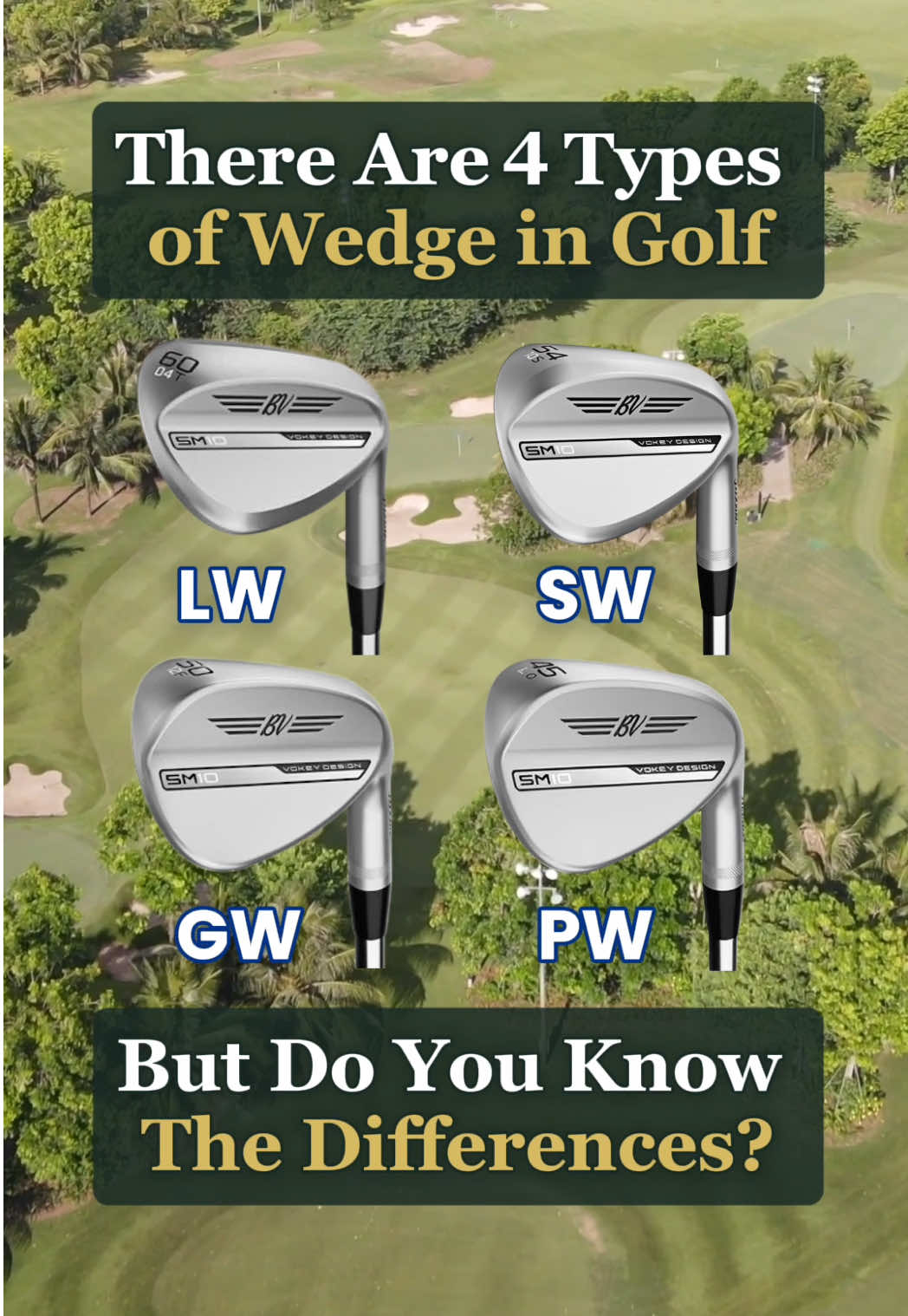 There are four types of wedge in golf! 🏌️‍♀️ But do you know the differences? 🤔 First up, the lob wedge. The lob wedge is the most lofted club you can buy, usually between 58° and 64°.  It’s perfect for getting the ball up quickly, but anything above 60° can start to limit versatility. Next is the the sand wedge. This is usually the highest-lofted wedge included in a standard set.  Its high bounce makes it perfect for escaping bunkers, and it’s also really handy for short chips and pitch shots around the green. Next, the gap wedge. As the name suggests, the gap wedge fills the space between the pitching wedge and sand wedge.  With 50°–52° of loft, it’s sometimes called an “approach wedge” and is generally bought separately. And finally, the pitching wedge. Typically 46°–48°, though some modern sets go as strong as 43°.  The pitching wedge almost always comes with your irons and is great for full shots and bump-and-runs. You should aim for about 4° of loft difference between each wedge, and mix up your bounce options so you’re prepared for any lie around the green. Let us know which wedges you carry, and be sure to like and follow for more! #golfclubs #golfequipment #golf #golfmanual #golf_manual 