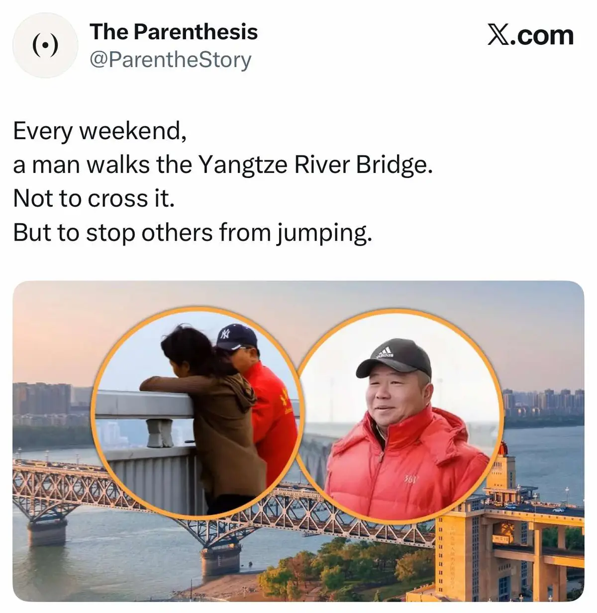 Every weekend since 2003, Chen Si has walked the Yangtze River Bridge in Nanjing. Not to cross it but to stop others from ending their lives. He has saved hundreds of strangers. Not with power. But with patience, tea, and a hand that refuses to let go. #TheParenthesis #GuardianOfTheBridge #FaithInHumanity #TrueHeroes #KindnessMatters #StoriesThatStay #HopeInDarkness #truestory #storytime #fyp #foryoupage #foryou #curtedworks 