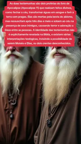As duas testemunhas são dois profetas do livro de Apocalipse (Apocalipse 11) que realizam feitos divinos, como fechar o céu, transformar águas em sangue e ferir a terra com pragas. Elas são mortas pela besta do abismo, mas ressuscitam após três dias e meio e sobem ao céu na presença de seus inimigos, causando terror e adoração a Deus entre as pessoas. A identidade das testemunhas não é explicitamente revelada na Bíblia, e existem várias interpretações teológicas, incluindo a possibilidade de serem Moisés e Elias, ou dois crentes desconhecidos. # Tik Tok