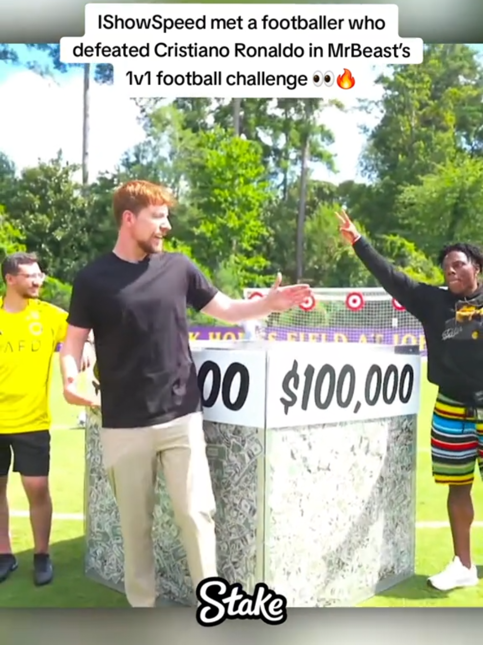 IShowSpeed met a footballer who defeated Cristiano Ronaldo in MrBeast’s 1v1 football challenge 👀🔥 #ishowspeed #fyp 