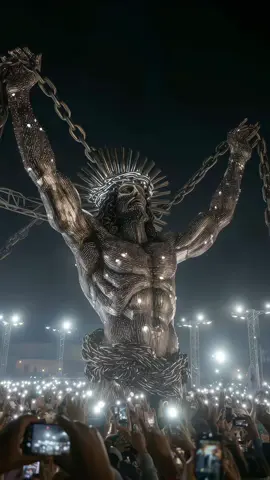 BREAKING: A colossal sculpture of Christ unveiled under the night sky Towering above a sea of lights, this 90-foot metallic figure depicts Jesus bound in chains yet radiant with divine strength. Forged from steel and illuminated with thousands of embedded lights, the work symbolizes the unbreakable power of faith — even when shackled, His light cannot be contained. Witnesses described the moment as overwhelming: phones raised, voices hushed, the crowd stood in reverence as the figure blazed against the darkness. Many called it less a sculpture and more a vision of defiance, hope, and redemption. Would you stand in awe before this sight? ✨ #UnchainedFaith #LightInDarkness #SteelAndGlory #ChristianTok
