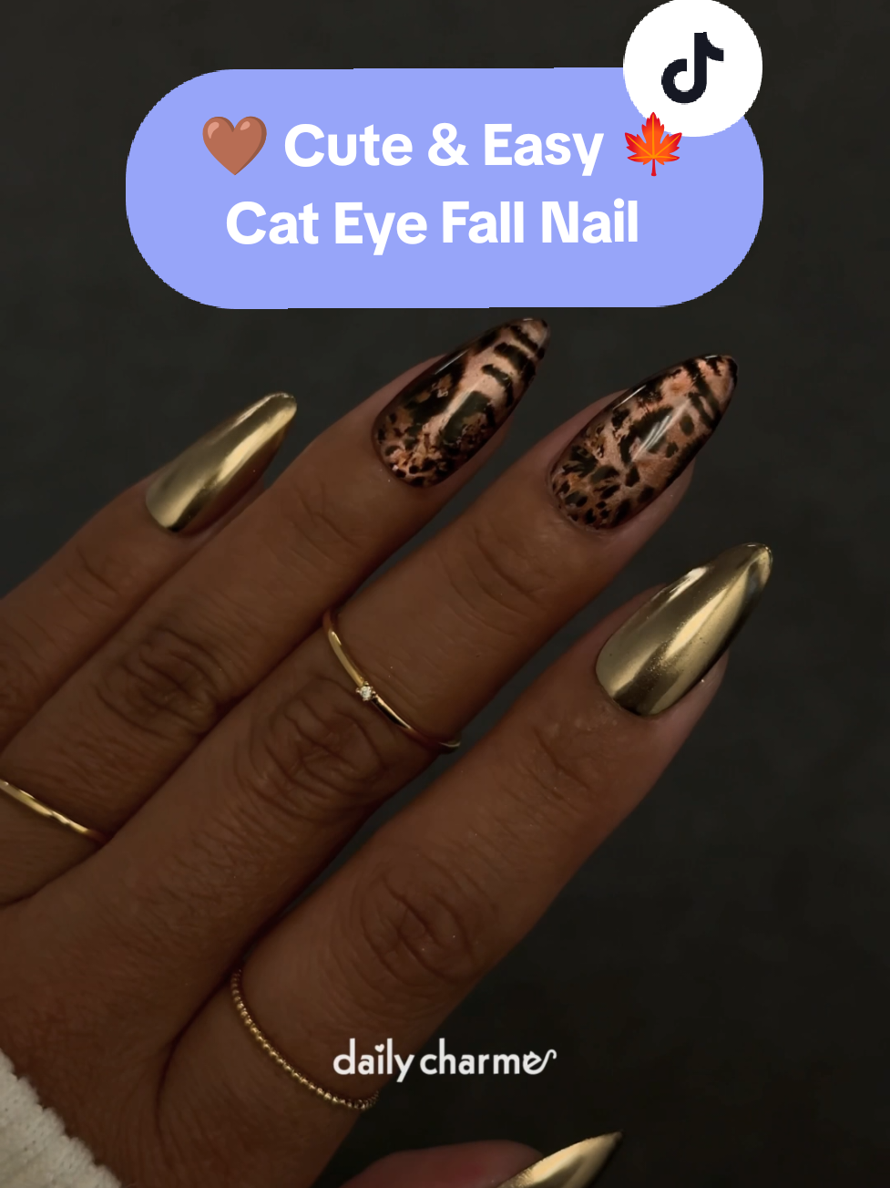 Cute & Easy Cat Eye Fall Nails 🤎✨🐆 A cozy mix of chocolate cat eye, golden chrome, and chic leopard foil—perfect for your fall mani vibes! Save & share for autumn nail inspo! 🍁 Using @daily_charme: 🤎 E06 Chocolatier 🖤 001 Perfect Black ⭐️ Mirror Champagne Gold Chrome Powder 🐆 Leopard Print Medley Nail Art Foil Box  💿 Chrome Effect Gel ✨ Foil Transfer Gel 💪🏻 5-in-1 Strengthening Gel  💎 Diamond Shine Top Coat  #fallnails #cateyenails #leopardnails #chromenails #nailtutorial 