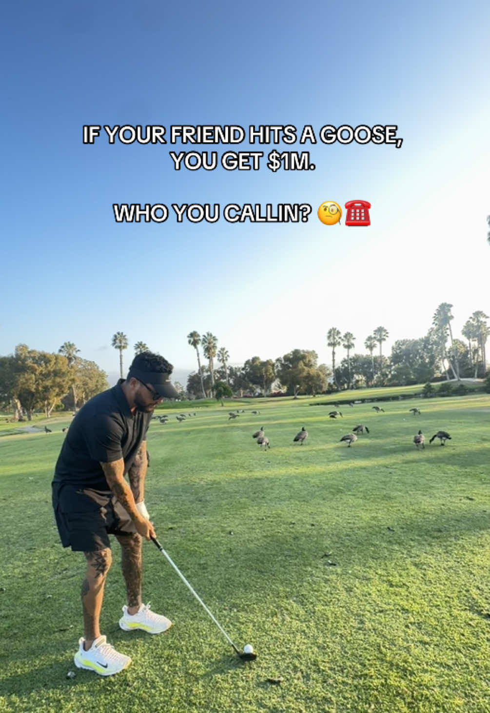 If your friend hits a goose, you get $1M. Who you callin? ☎️ #69golf #golftiktok #golfcourse #pov #golfswing 