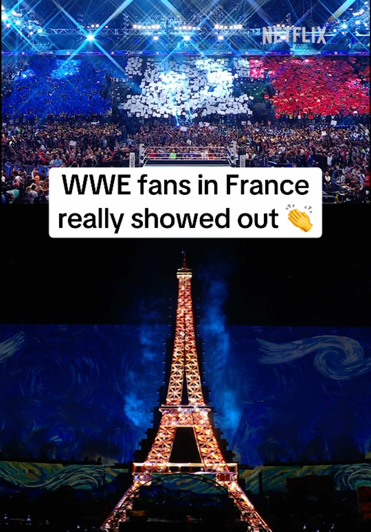 The WWE fans in Paris unveiled a 🇫🇷 tifo before Clash in Paris kicked off. Incredible atmosphere 👏 #WWE #WWeonNetflix #WWEClash 