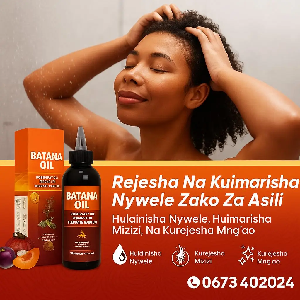 🧴 Batana Oil – Mafuta ya Asili kwa Nywele Zenye Afya Batana Oil ni mafuta ya asili yaliyotengenezwa kwa mchanganyiko wa virutubisho bora kama Rosemary Oil, Castor Oil, Pumpkin Seed Oil, Grapeseed Oil, na Argan Oil. Yameundwa kisayansi kusaidia: - 🌿 Kulisha nywele kwa kina na kuzuia ukavu   - 💪🏽 Kuimarisha mizizi ya nywele na kupunguza upotevu   - ✨ Kung’arisha nywele na kurejesha mng’ao wa asili   - 🛡️ Kurekebisha nywele zilizoharibika na kuondoa mba   - 🌱 Kuchochea ukuaji wa nywele mpya na kuongeza wingi Matumizi: Pakaa mafuta kwenye ngozi ya kichwa mara 2–3 kwa wiki, ukifanyia massage kwa dakika chache. Matokeo huanza kuonekana ndani ya wiki chache. --- 📍 Biolife Herbal Store – Mawasiliano - ☎️ Namba za Simu:     +255 673 402 024     +255 688 820 050   - - 🌐 Tovuti Rasmi: biolifestore.co.tz   - 📍 Makao Makuu: Dar es Salaam, Tanzania --- 🔥 Hashtags za Kutumia Mitandaoni BatanaOil #NyweleAsili #MafutaYaNywele #HairGrowthOil #NaturalHairCare HairLossTreatment #ThickerHair   NoMoreHairLoss    LuxuryHairCare 