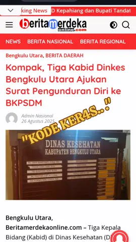 https://www.beritamerdekaonline.com/kompak-tiga-kabid-dinkes-bengkulu-utara-ajukan-surat-pengunduran-diri-ke-bkpsdm/ ..................................... Kompak, Tiga Kabid Dinkes Bengkulu Utara Ajukan Surat Pengunduran Diri ke BKPSDM Bengkulu Utara, Beritamerdekaonline.com - Tiga Kepala Bidang (Kabid) di Dinas Kesehatan (Dinkes) Bengkulu Utara, kompak mengajukan surat penguduran diri sebagai Pejabat Pelaksana Teknis Kegiatan (PPTK) tahun 2025 ke Badan Kepegawaian dan Pengembangan Sumber Daya Manusia (BKPSDM) Bengkulu Utara (BU). 