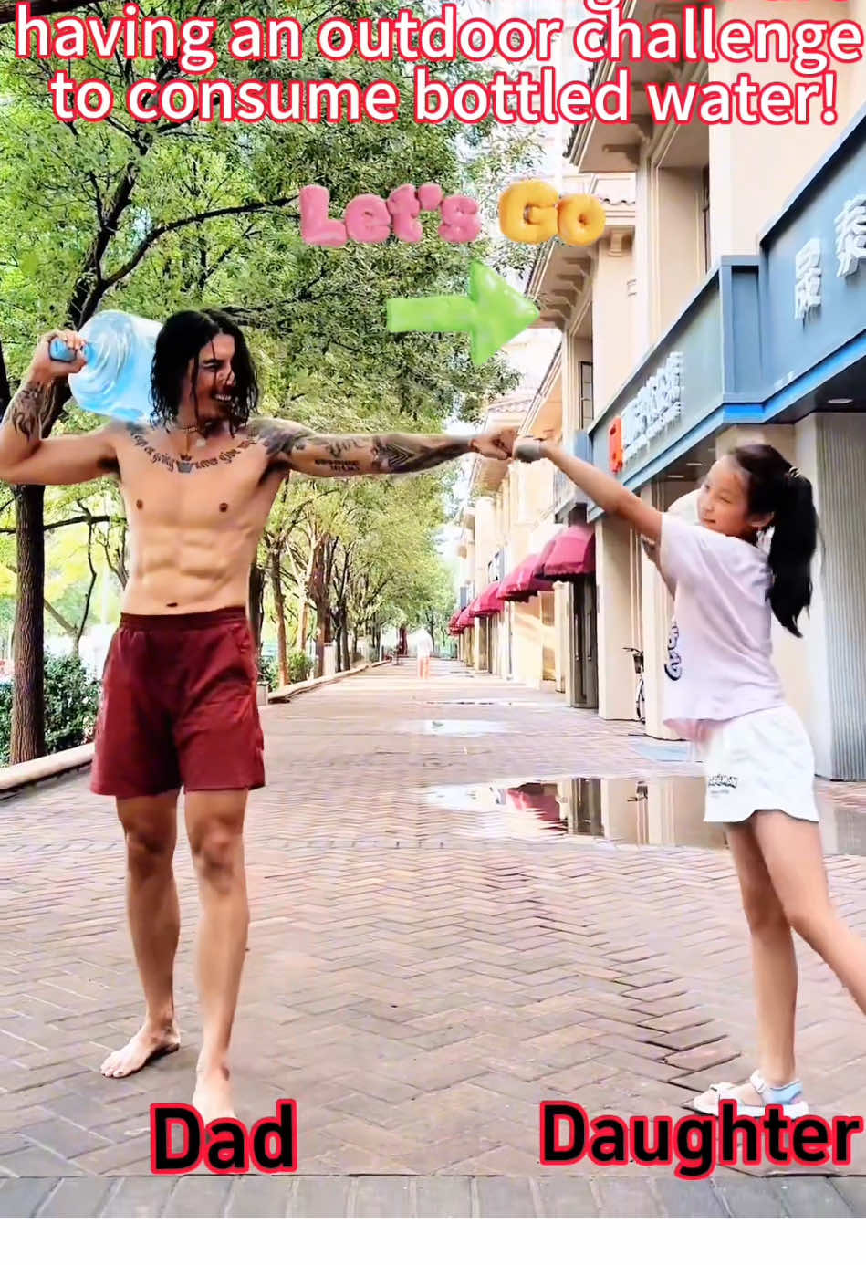 The father and daughter are having an outdoor challenge to consume bottled water! Guess who will win?