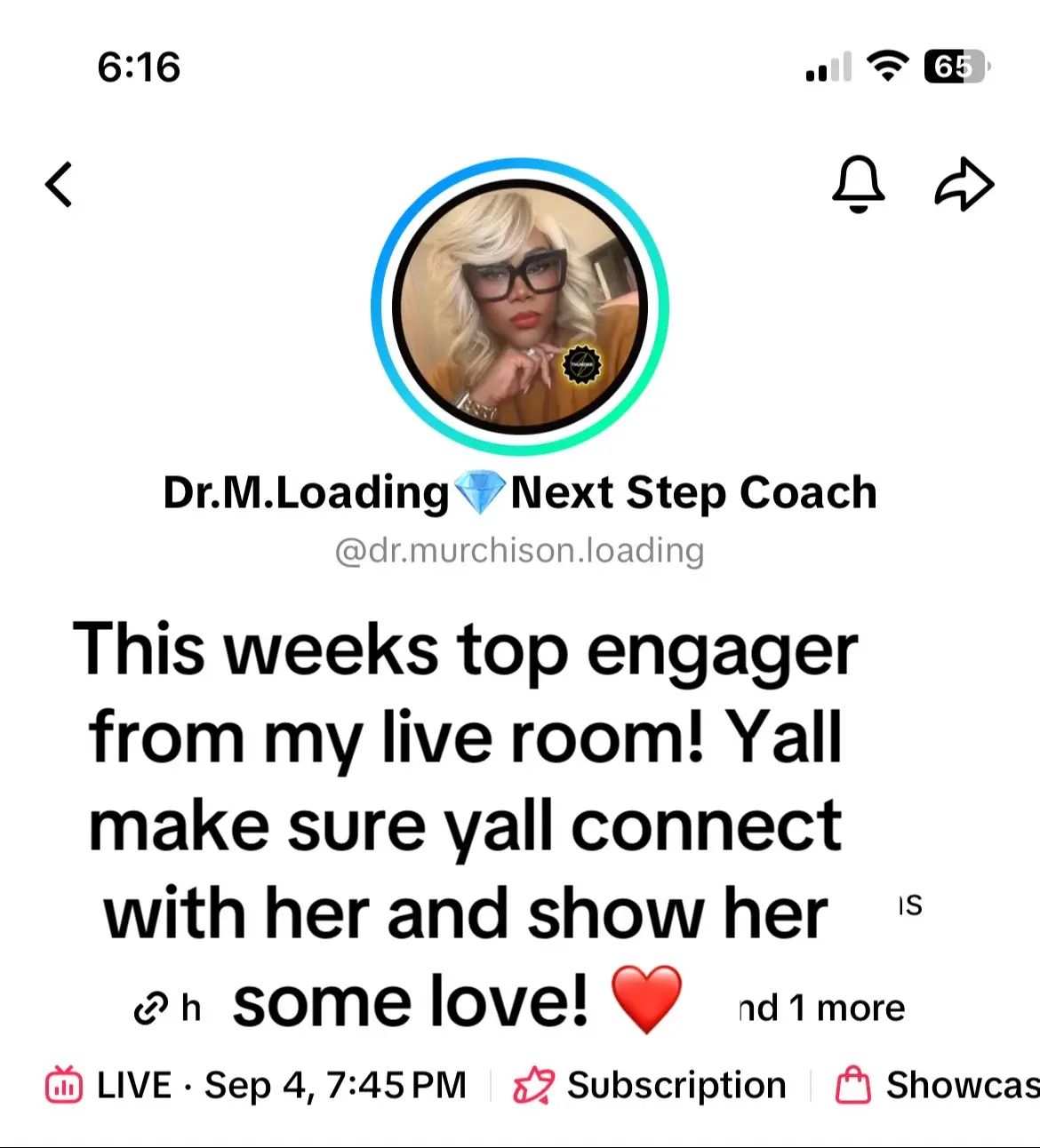 This weeks top engager! Yall show her some love and connect with her! #live #livehighlights 