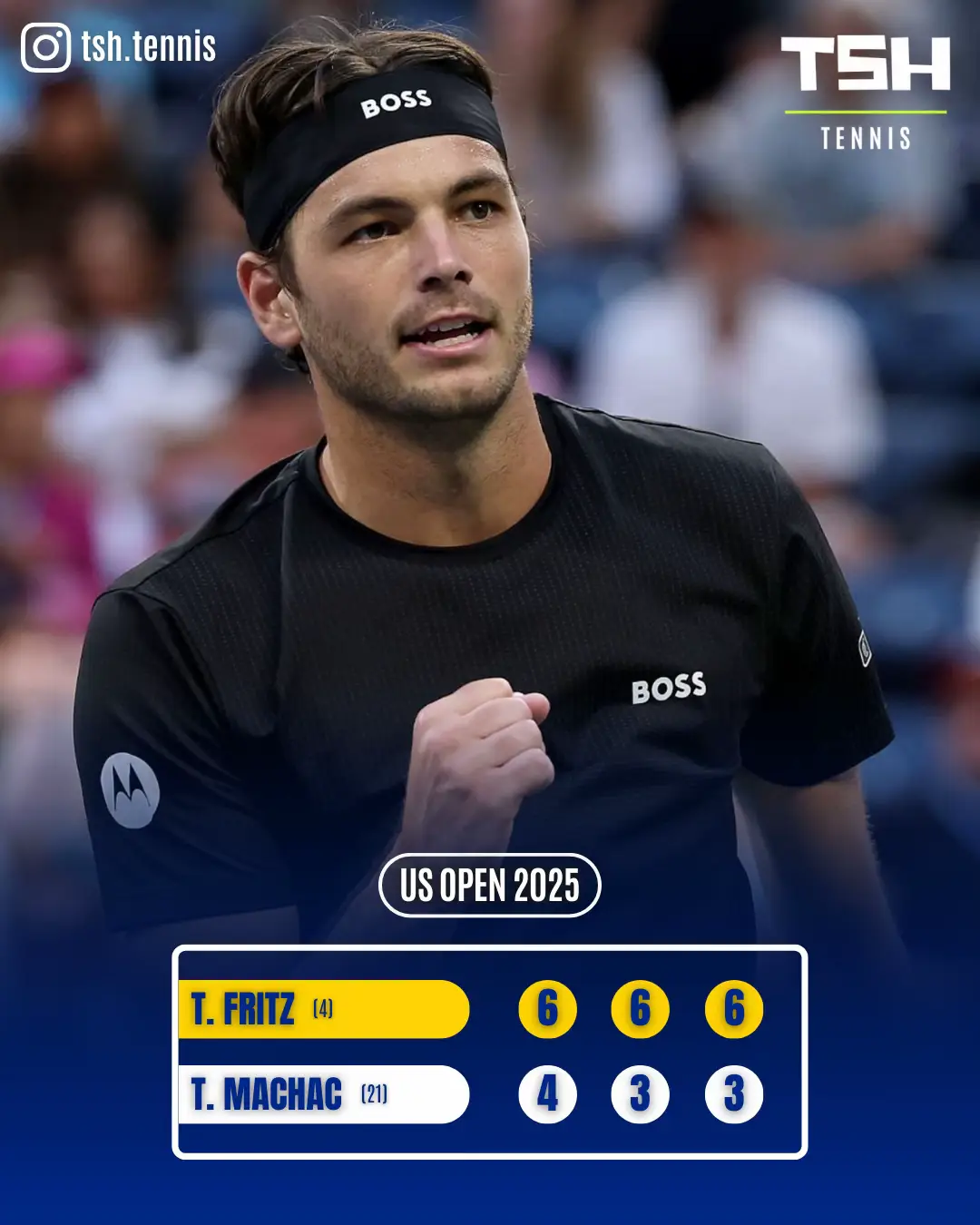 World No.1 American Taylor Fritz powers past Tomas Machac in straight sets. Locked in, fresh, and thriving at home. Next up: Djokovic or Struff. Can he punch his ticket to the semis? 🇺🇸🔥🔝 — Follow @tsh.tennis for #EverythingTennis ! 🎾 — #Tennis #Fritz #Machac #USOpen