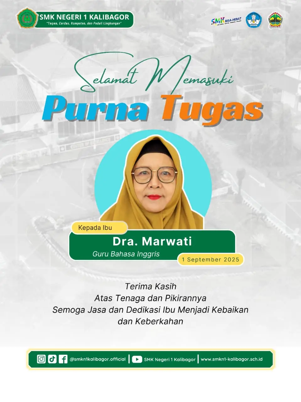 #PurnaTugas Pertanggal 1 September 2025 secara resmi Ibu Dra. Marwati telah memasuki masa purna tugas, kami segenap keluarga besar SMK Negeri 1 Kalibagor mengucapkan terima kasih atas pengabdian beliau. Semoga jalinan silaturahmi tetap terjaga. . . Follow & kunjungi : website : smkn-1kalibagor.sch.id Facebook : smkn1kalibagor.official Instagram : @smkn1kalibagor.official Tiktok : smkn1kalibagor.official Youtube : SMK Negeri 1 Kalibagor #smkbisa #smkn1kalibagor #merdekabelajar #sekolah 