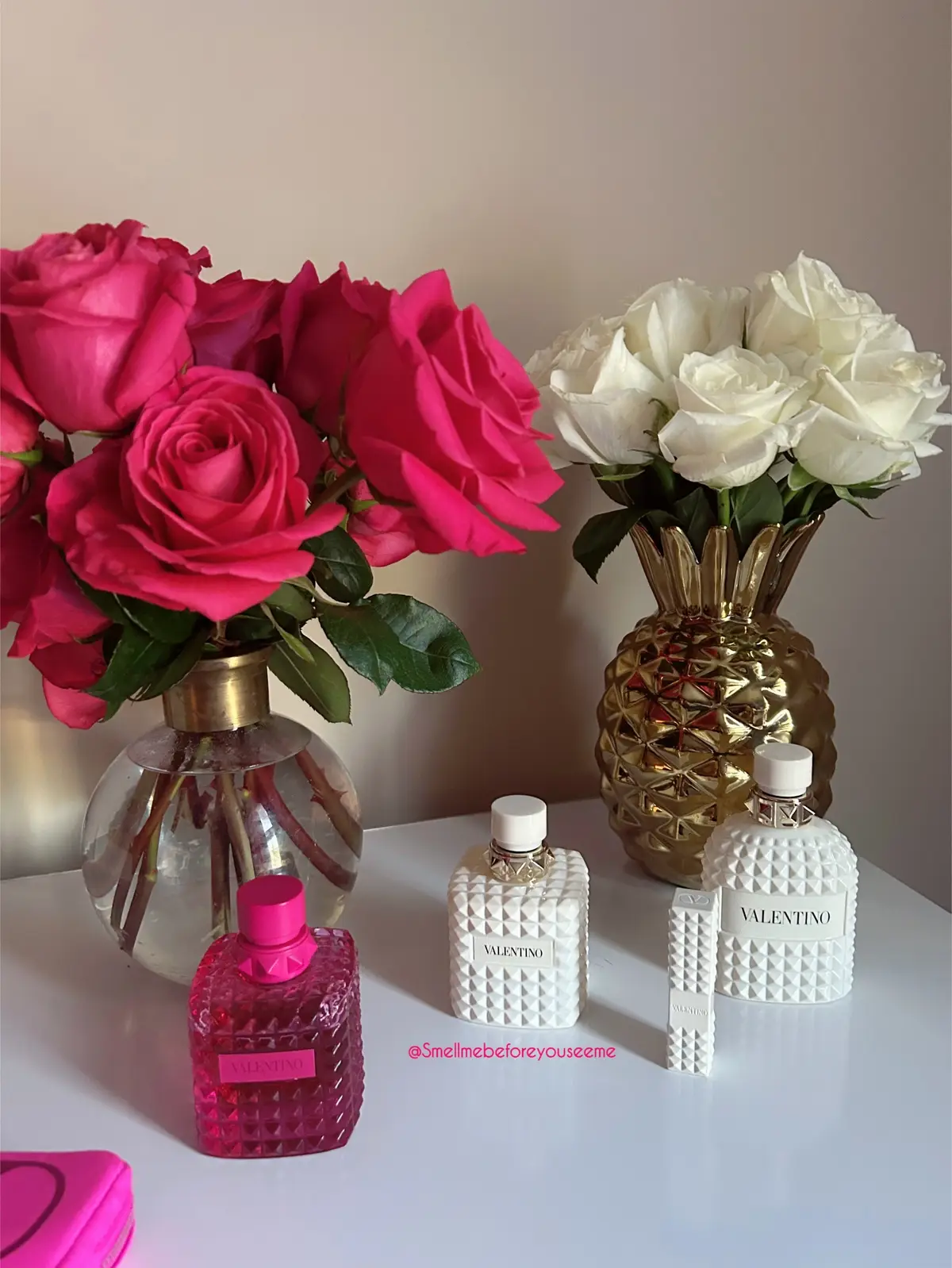 Enjoying the view from my beauty room! @Valentino.Beauty  Donna Born in Roma Ivory 🤍 Donna Born in Toma Pink PP 🩷 Born in Roma Uomo 🤍 Valentino Beauty Pink Pouch 🩷 #fragrancetiktok #perfumetiktok #valentino #fyp #smellmebeforeyouseeme 
