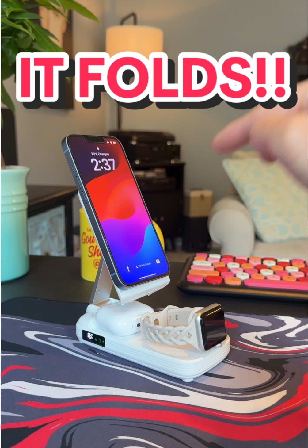This folding power bank can charge your phone, watch AND headphones! #powerbank #charger #wirelesscharging #chargingstation 