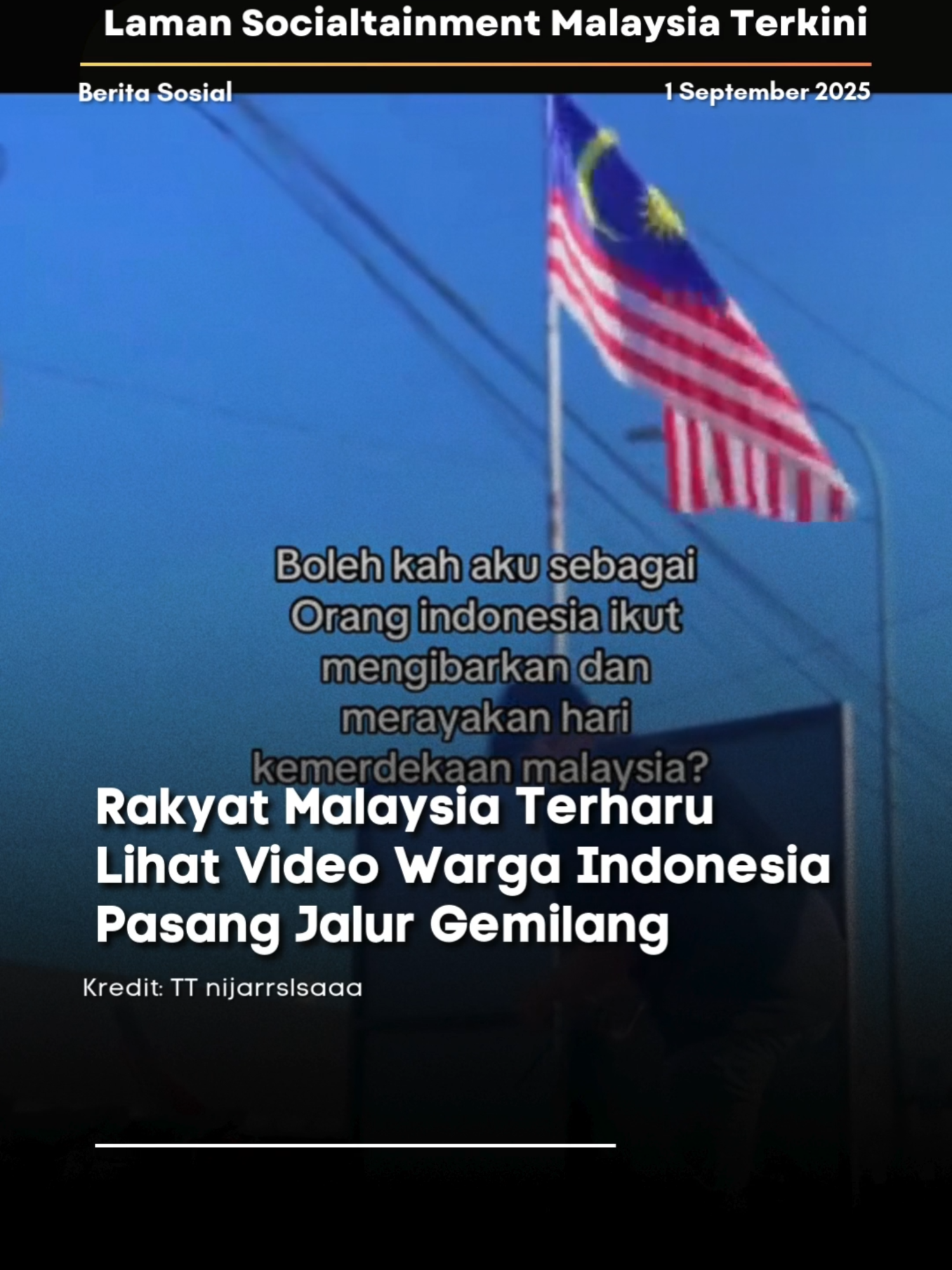 Baru-baru ini tular sebuah video yang mengundang rasa sebak dalam kalangan netizen apabila seorang lelaki warga Indonesia dilihat mengibarkan Jalur Gemilang sempena Hari Kebangsaan ke-68 semalam. Apa yang lebih menyentuh hati ialah kapsyen yang ditulis: “Bolehkah aku sebagai orang Indonesia ikut mengibarkan dan merayakan Hari Kemerdekaan Malaysia? Selamat Hari Merdeka Malaysia. Semoga terus menjadi negara yang aman, makmur dan sejahtera.” Kredit: TT @nijarrslsaaa P/s: Video di atas bukan hak milik Lobak Merah dan kami telah meletakkan kredit kepada pemilik video. Sekiranya anda ingin menurunkan sebarang video, Sila DM kami dalam kadar segera. Terima Kasih! Jangan lupa untuk Like, Comment. Share dan Follow Lobak Merah! 🧡Terima Kasih! #fyp #news #trends #berita lobakmerah