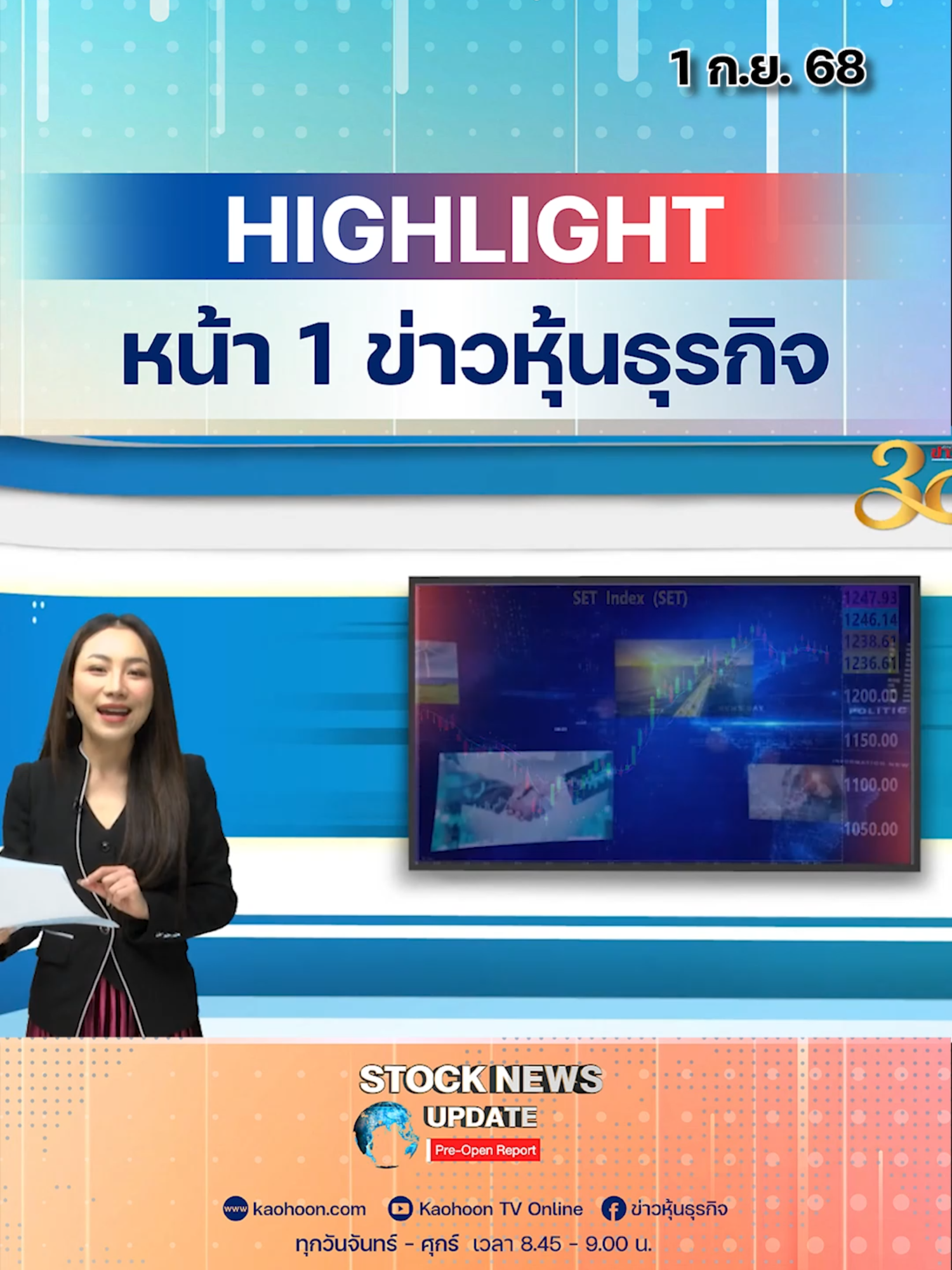 1. หุ้นไซด์เวย์ลุ้นนายกฯ ใหม่ วัดกำลัง ‘อนุทิน-ชัยเกษม’ 2. บางจากถอนหุ้น BSRC ตั้งโต๊ะรับซื้อไตรมาส4 3. นอนแบงก์ครึ่งปีหลังยังแกร่ง MTC-SAWAD-TIDLOR เด่น 4. GULF ขายหุ้นกู้ 3 หมื่นล้าน ต้นทุนลดปีละ 400 ล้าน 5. BCH ผู้ป่วยทะลัก ดันครึ่งปีหลังเด้ง รายได้ปีนี้โต10% #หุ้นไทย #เศรษฐกิจ #การเมือง #ตลาดหุ้น #SETIndex #BCP #บางจาก #BSRC #NonBank #สินเชื่อ #ไฟแนนซ์  #MTC #SAWAD #GULF #หุ้นกู้ #ตราสารหนี้ #BCH #หุ้นโรงพยาบาล #ข่าวหุ้น #ข่าวหุ้นธุรกิจ #stocknewsupdate #ข่าวtiktok #kaohoon #tiktoknews #kaohoononline