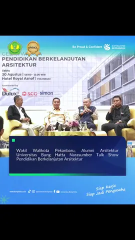 Wakil Walikota Pekanbaru Markarius Anwar, ST., M. Arch, Alumni Arsitektur Universitas Bung Hatta, angkatan 1995 hadir sebagai pembicara Talk Show Pendidikan Berkelanjutan Arsitektur yang digelar Ikatan Arsitektur Indonesia Riau di Hotel Royal Asnov, Pekanbaru, 30/8/2025. Dalam kesempatan tersebut hadir juga dosen-dosen program magister arsitektur Universitas Bung Hatta antara lain Dr.Ir. Nengah Tela, ST., M.Sc, Dr. Jonny Wongsi, ST., MT, Dr. Haryani, MP. Dr.Zulherman, ST.M.Sc dan Dr. Al Busyra Fuadi, ST.M.SC. Wawako Pekanbaru Markarius Anwar, ST.,MSc dalam acara tersebut menyampaikan, bahwa beberapa program pembangunan di Pekanbaru sangat memerlukan sentuhan tenaga arsitek profesional untuk merubah wajah Kota Pekanbaru. Dijelaskan juga bahwa, Universitas Bung Hatta sangat terkenal sebagai tempat penddikan arsitektur dan dan terbukti dengan kiprah alumninya di Pekanbaru dan Riau. Ditegaskan juga bahwa perlunya sinergi antara Arsitek Profesional (AIA), Pemko Pekanbaru dan akademik utk menunjang pembangunan kota yg berkelanjutan apalagi Kota Pekanbaru sedang menuju Green City. Sementara itu, Wakil Rektor III Bidang Kemahasiswaan, Kerjasama dan Alumni Universitas Bung Hatta Dr. Zulherman, ST. M.Sc dalam kesempatan itu menjelaskan, bahwa arsitek profesioanal tidak cukup hanya bicara teknis saja, tapi perlu upgrade keilmuannya untuk menjawab tantangan konsep disain arsitektur yang berkelanjutan dan sangat penting kolaborasi dan sinergisitas antara IAI, Pemerintahan dan akademisi. Wawako Pekanbaru dalam acara talk show yang dihadiri aristek-arsitek di Pekanbaru tersebut yang masih program Sarjana (S1) menganjurkan untuk melanjutkan pendidikan program magisternya ke Universitas Bung Hatta. Ia sendiri salah satu lulusan magister arsitektur Universitas Bung Hatta yang diselesaikannya dalam waktu 1,5 tahun dan akan diwisuda pada bulan November 2025 mendatang. #UniversitasBungHatta #BungHattaMuda #KampusProklamator #UniversitasBungHattaUnggul #ptsunggul 
