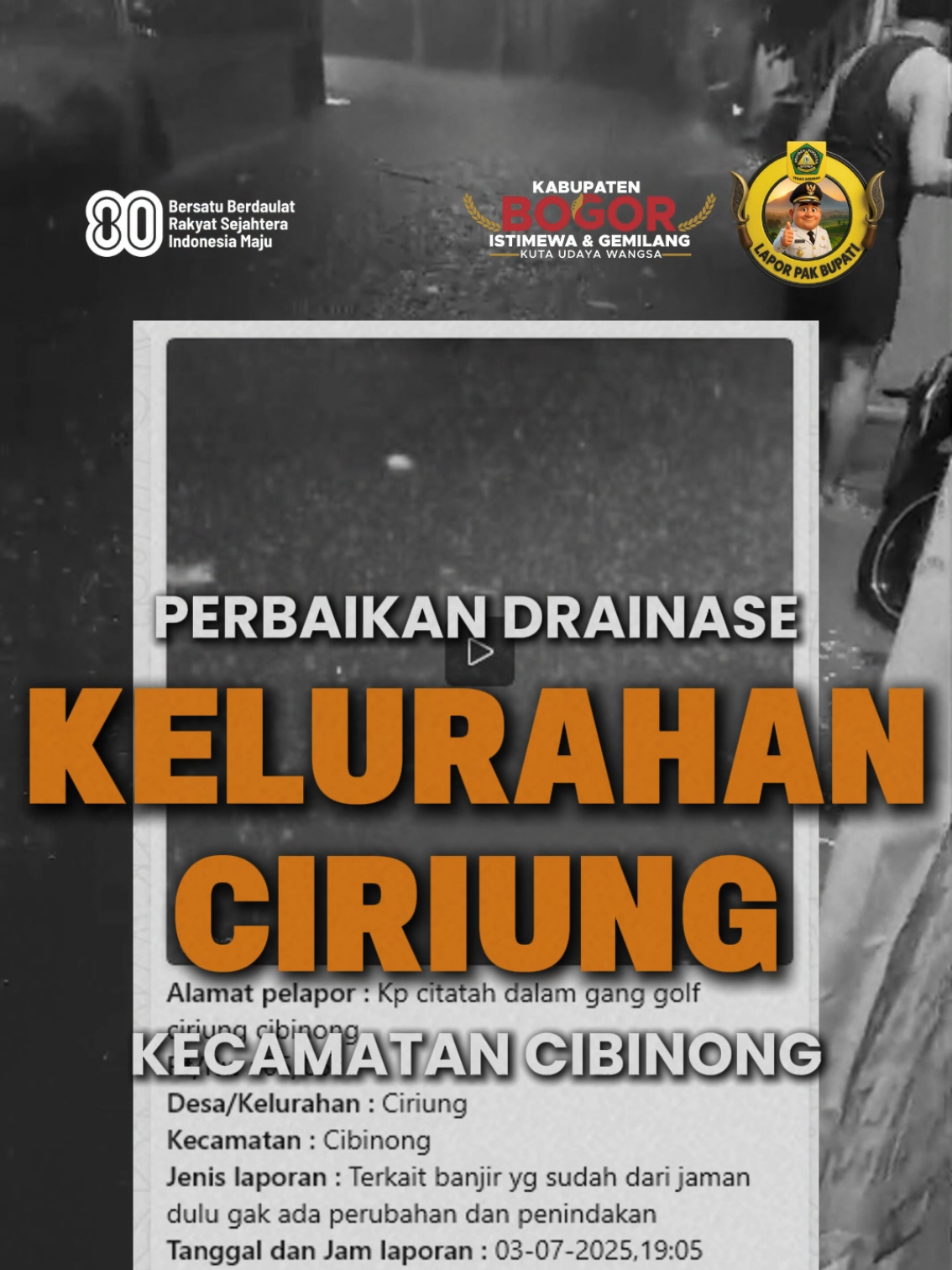 Keluhan warga Jalan Mayor Oking Gang Golf Kelurahan Ciriung Kecamatan Cibinong yang masuk melalui kanal WhatsApp Lapor Pak Bupati telah ditindaklanjuti Warga mengeluhkan saluran drainase yang tidak berfungsi di wilayah tersebut dan menyebabkan genangan air ketika hujan melanda di wilayah tersebut Dinas PUPR telah melakukan perbaikan saluran di lokasi tersebut demi mengantisipasi genangan tidak terjadi lagi di kemudian hari Salam Bogor Istimewa Kuta Udaya Wangsa #banjir #air #hujan #rudysusmanto #bupati 