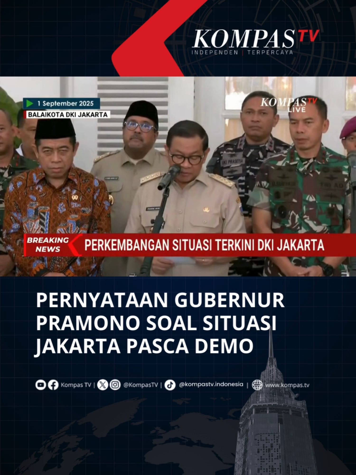 Gubernur Jakarta, Pramono Anung menyampaikan situasi terkini di Jakarta usai demonstrasi warga. Menurutnya, ada sebanyak 716 orang menjadi korban demonstrasi diluar pihak kepolisian. Ia menegaskan Pemprov Jakarta akan menanggung semua biaya bagi korban demo. Selain itu, Pramono mengatakan sejumlah fasilitas umum seperti Transjakarta akan segera diperbaiki dan ditargetkan selesai pada 8-9 September. Catatan Redaksi: Setiap warga negara berhak menyuarakan pendapatnya. Namun,  kebebasan berpendapat harus dilakukan secara damai, tertib, serta jangan terprovokasi untuk melakukan perusakan dan penjarahan. #SalingJagaIndonesia Tuliskan komentarmu dan dapatkan berita terkini lainnya di www.kompas.tv serta youtube.com/kompastv #SOROTKompasTV #TikTokBerita