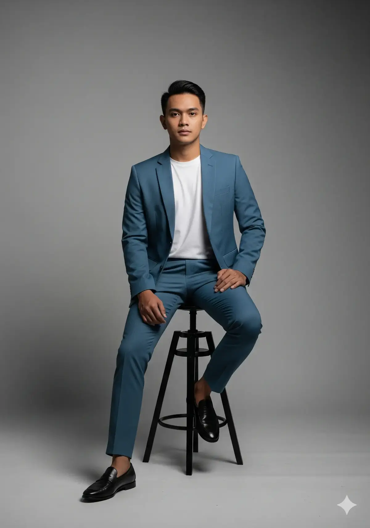 Potret studio full-body vertikal 2:3, pria muda Indonesia usia 22–28 tahun, wajah oval, kulit sawo matang cerah, rambut pendek rapi belah samping, tanpa aksesori. Ia duduk tegak di bangku/stool dudukan kayu warna natural dengan kaki bangku hitam; kedua tangan rileks di atas paha. Kaki kanan menapak lantai, kaki kiri bertumpu pada palang bangku; tubuh sedikit condong ke depan, bahu square, tatap kamera, ekspresi netral profesional.