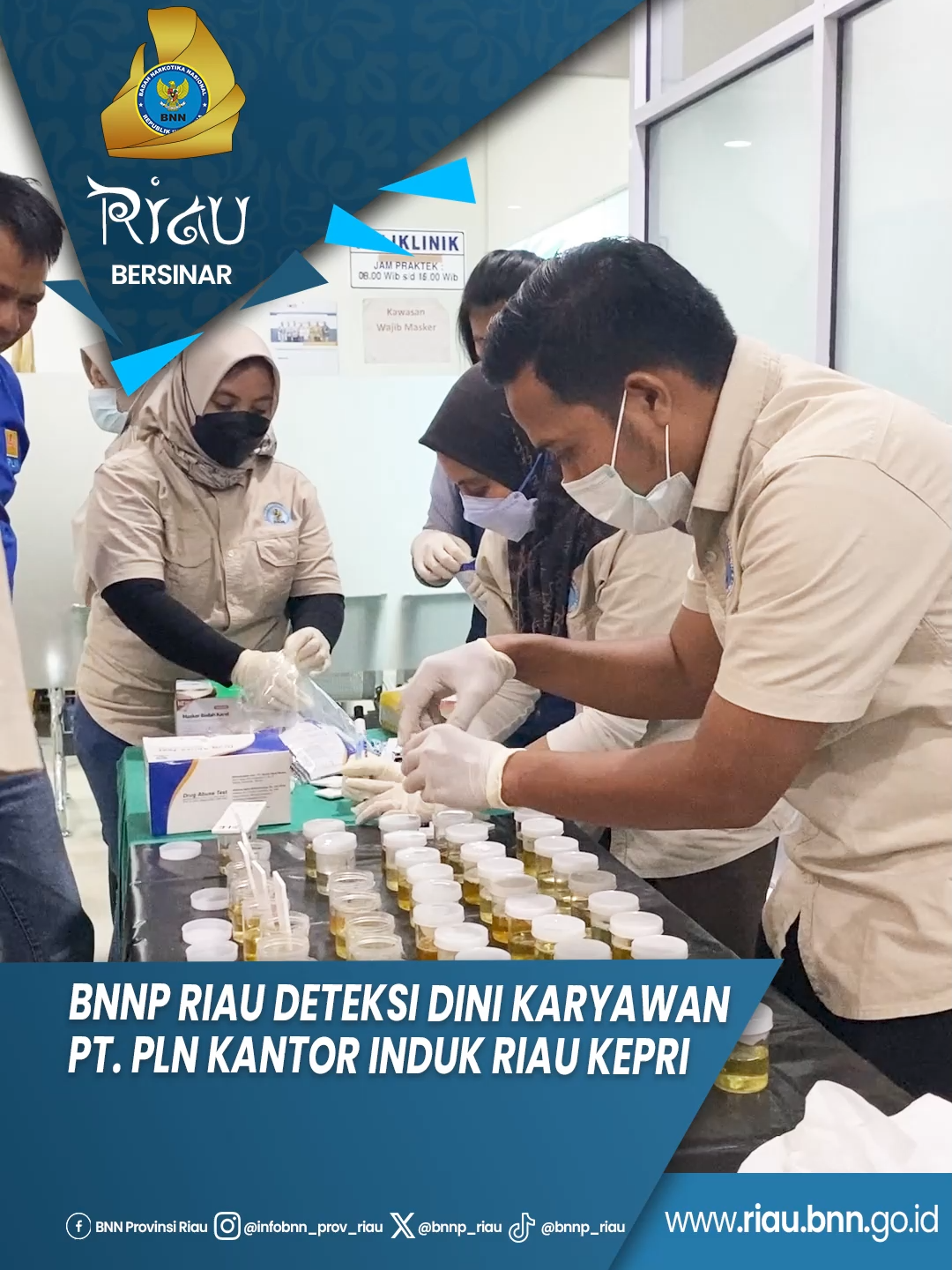 BNN Provinsi Riau lakukan deteksi berupa kegiatan tes urine kepada karyawan PT. PLN Kantor Induk Riau dan Kepri. Dan semua sampel menunjukan hasil negatif atau tidak ada zat narkotika yang terdeteksi didalamnya. Kegiatan ini merupakan langkah preventif dalam mewujudkan lingkungan kerja yang bersih dari penyalahgunaan narkoba. #bnnpriau #riaubersinar #indonesiabersinar #bnnri #warondrugsforhumanity  -------------------------------------------------------- Temukan kami di : website : riau.bnn.go.id Instagram : @infobnn_prov_riau facebook : BNN Provinsi Riau twitter : @bnnp_riau youtube : BNN Povinsi Riau Call Center : 089679471000