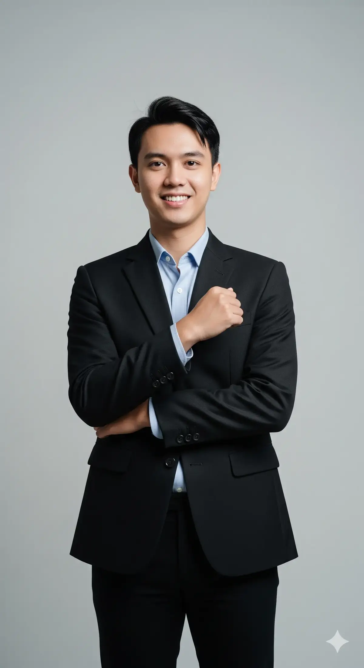 ai prompt A professional studio portrait of a young Javanese Indonesian man, around 25 years old, standing confidently against a plain light gray background. He has a warm brown skin tone, neat short black hair styled with a clean side part, and refined Javanese facial features. He is wearing a modern formal outfit: a well-fitted black suit jacket, a light blue button-up shirt without a tie, and black trousers. His right arm is crossed while his left hand is raised to touch his chest in a confident pose, with a bright, friendly smile.   No accessories are worn (no watch, necklace, or ring visible). The outfit is plain, without visible patterns or motifs, presenting a clean modern corporate look. The lighting is soft studio lighting, evenly highlighting his face and suit, creating a natural professional appearance without harsh shadows.   The setting is a minimalist indoor studio with no props, emphasizing simplicity and professionalism. The image is sharp and natural in color, with no dramatic filters, keeping a realistic and businesslike style.   Aspect ratio: 9:16 vertical format. #jasaeditfoto #fypシ゚viral #fffffffffffyyyyyyyyyyypppppppppppp #corporatephotography 