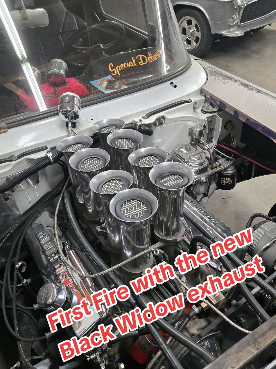 First fire of my Hilborn Injected block 427 with the new Black Widow Neighbor Hater exhaust. She still sounds pretty spicy! #blackwidow #57chevy  #hilborninjection  #cartoc #carsoftiktok 